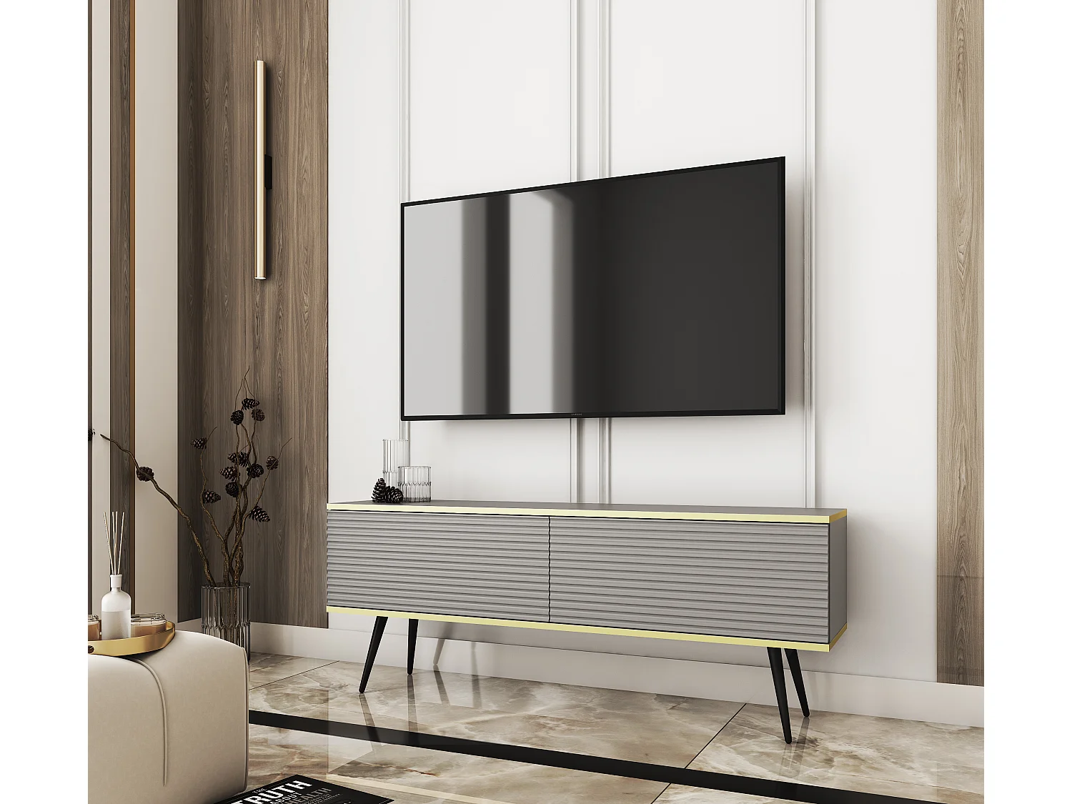 TV-Einheit mit grauen Lamellen, schwarzen Füßen, 135 x 30 x 52 cm, Push-to-Open