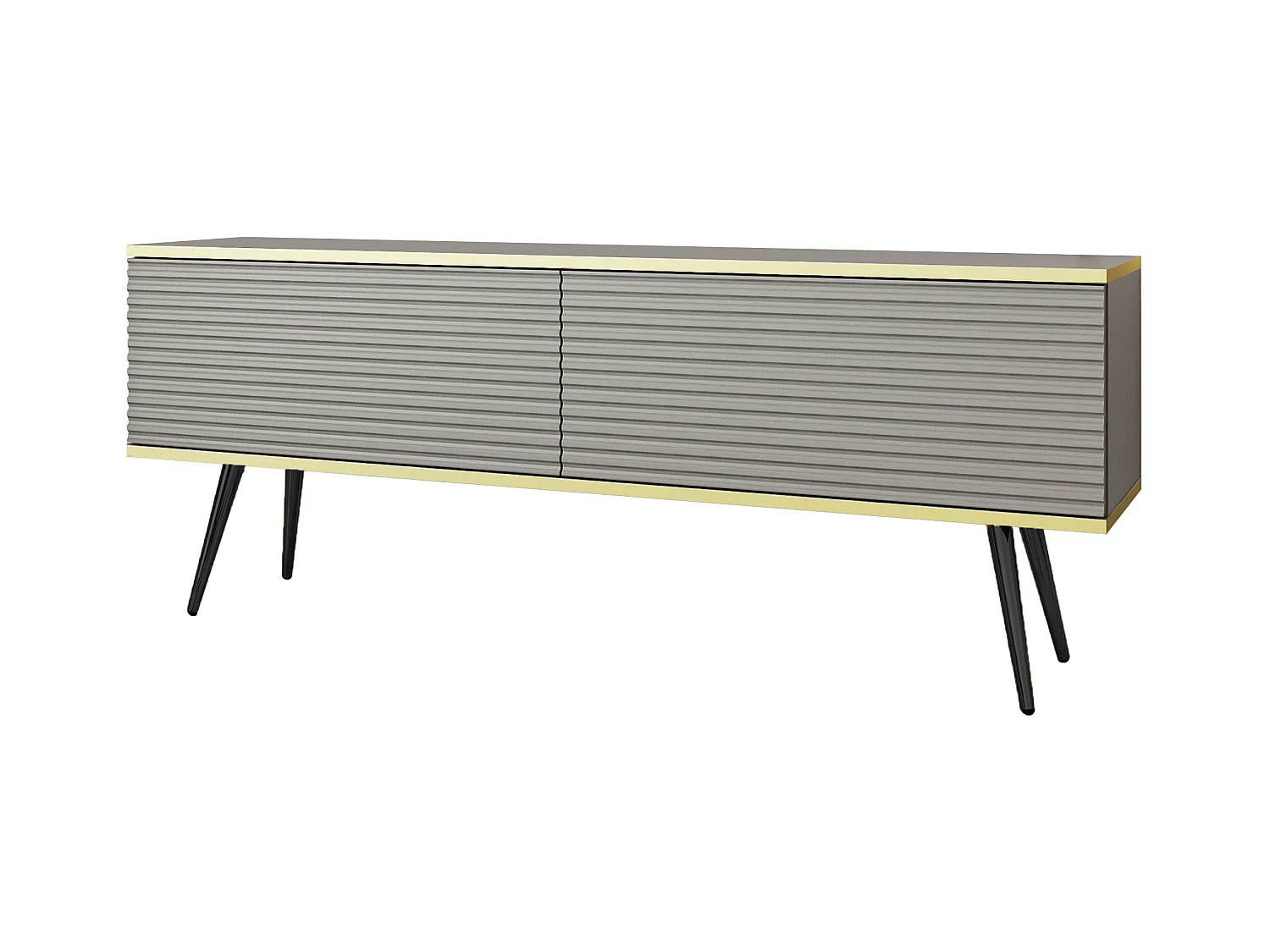 TV-Einheit mit grauen Lamellen, schwarzen Füßen, 135 x 30 x 52 cm, Push-to-Open