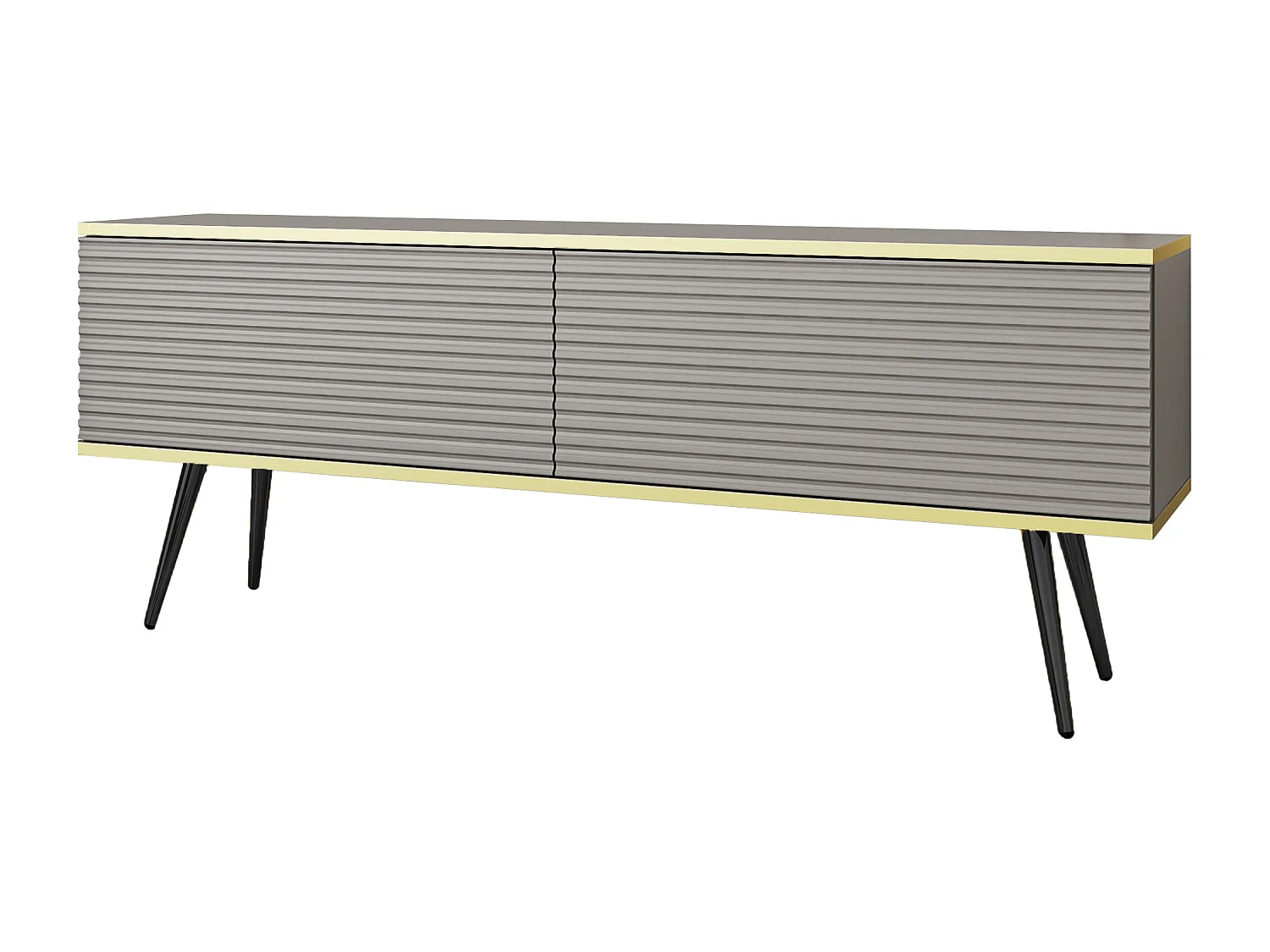 Meuble TV Avec Lamelles Gris, pieds Noir, 135 x 30 x 52 cm, Push to Open