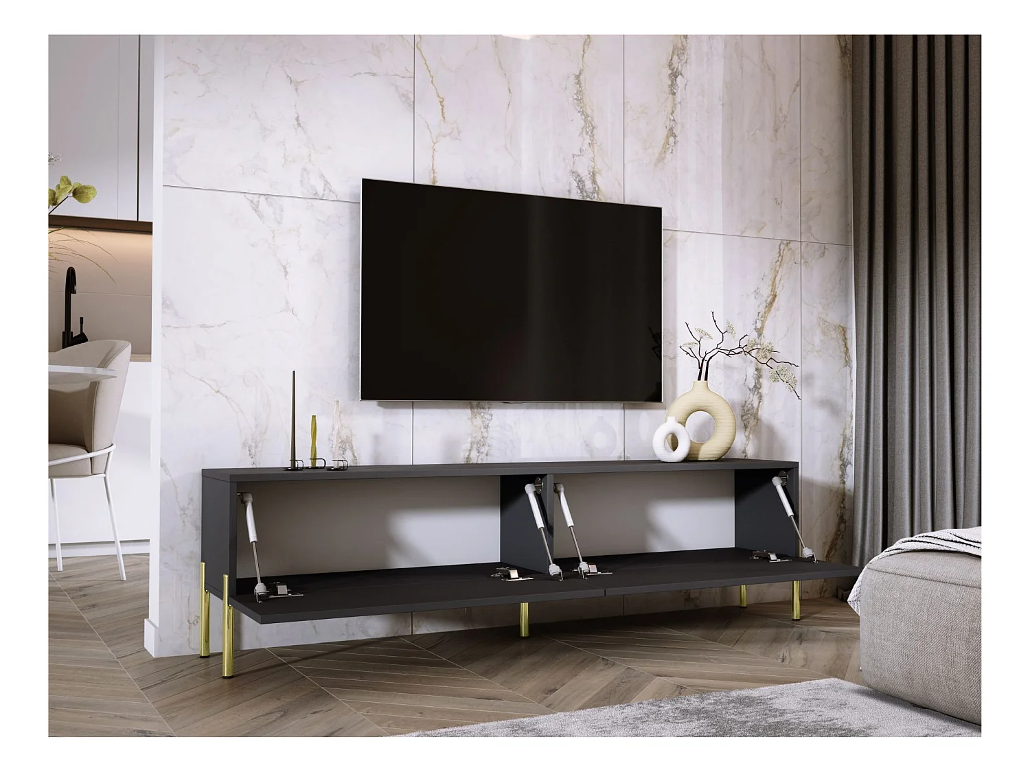 Meuble TV : Anthracite, pieds dorées, 170 x 52 x 32 cm