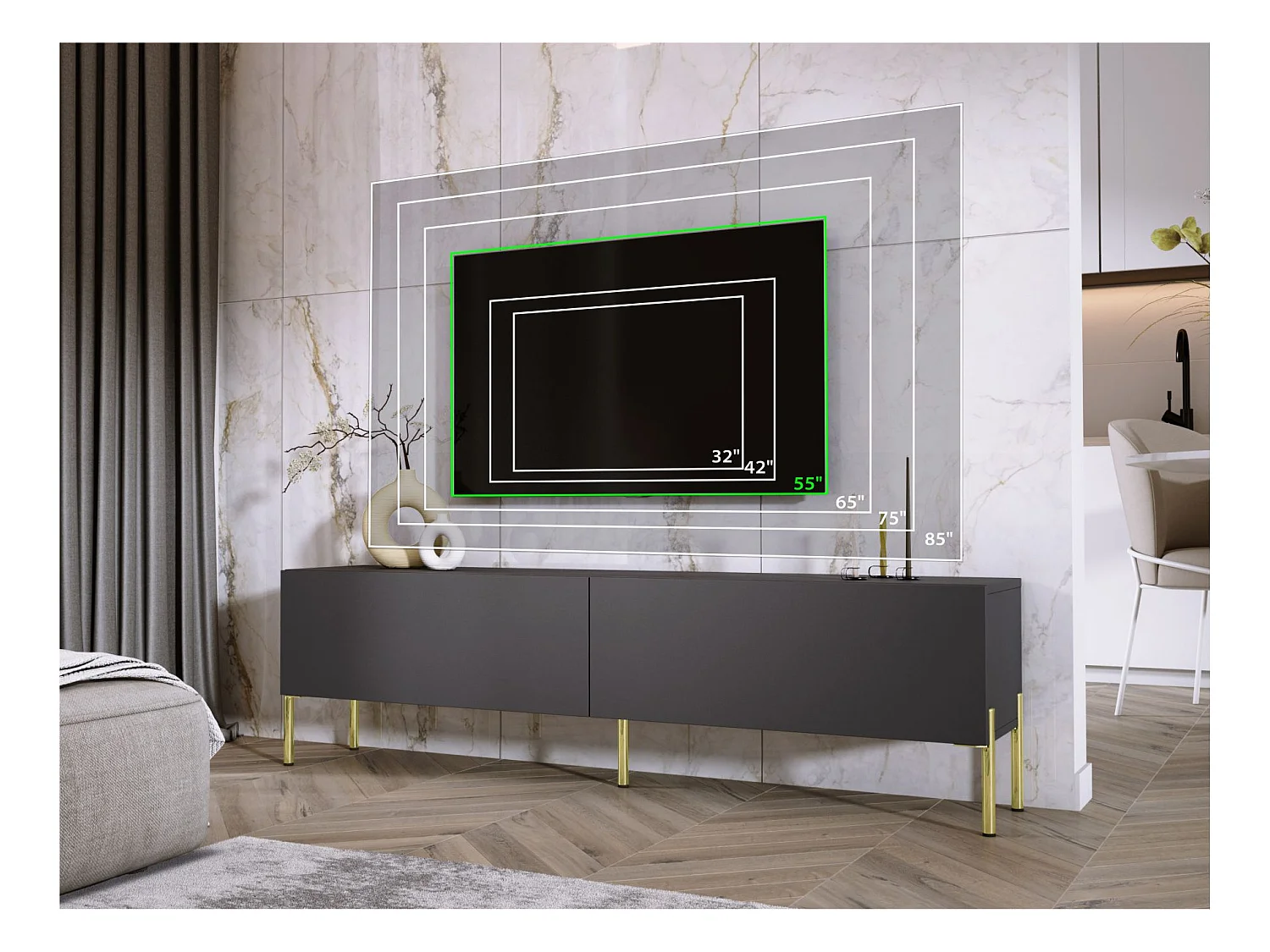 Meuble TV : Anthracite, pieds dorées, 170 x 52 x 32 cm