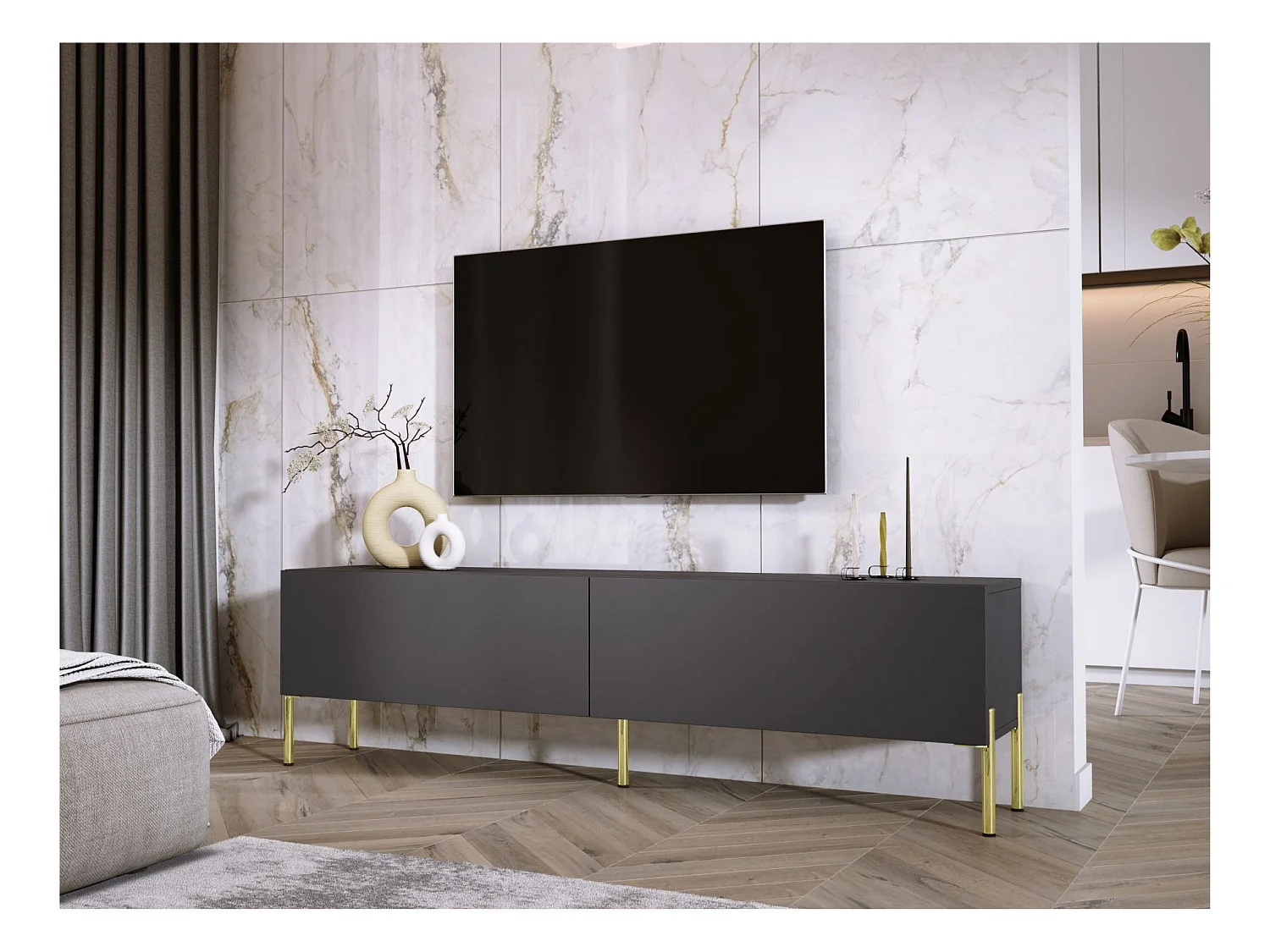 Meuble TV : Anthracite, pieds dorées, 170 x 52 x 32 cm