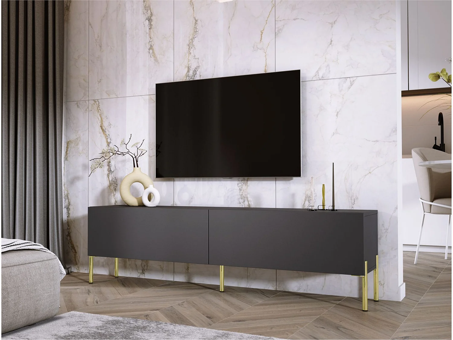 Meuble TV : Anthracite, pieds dorées, 170 x 52 x 32 cm