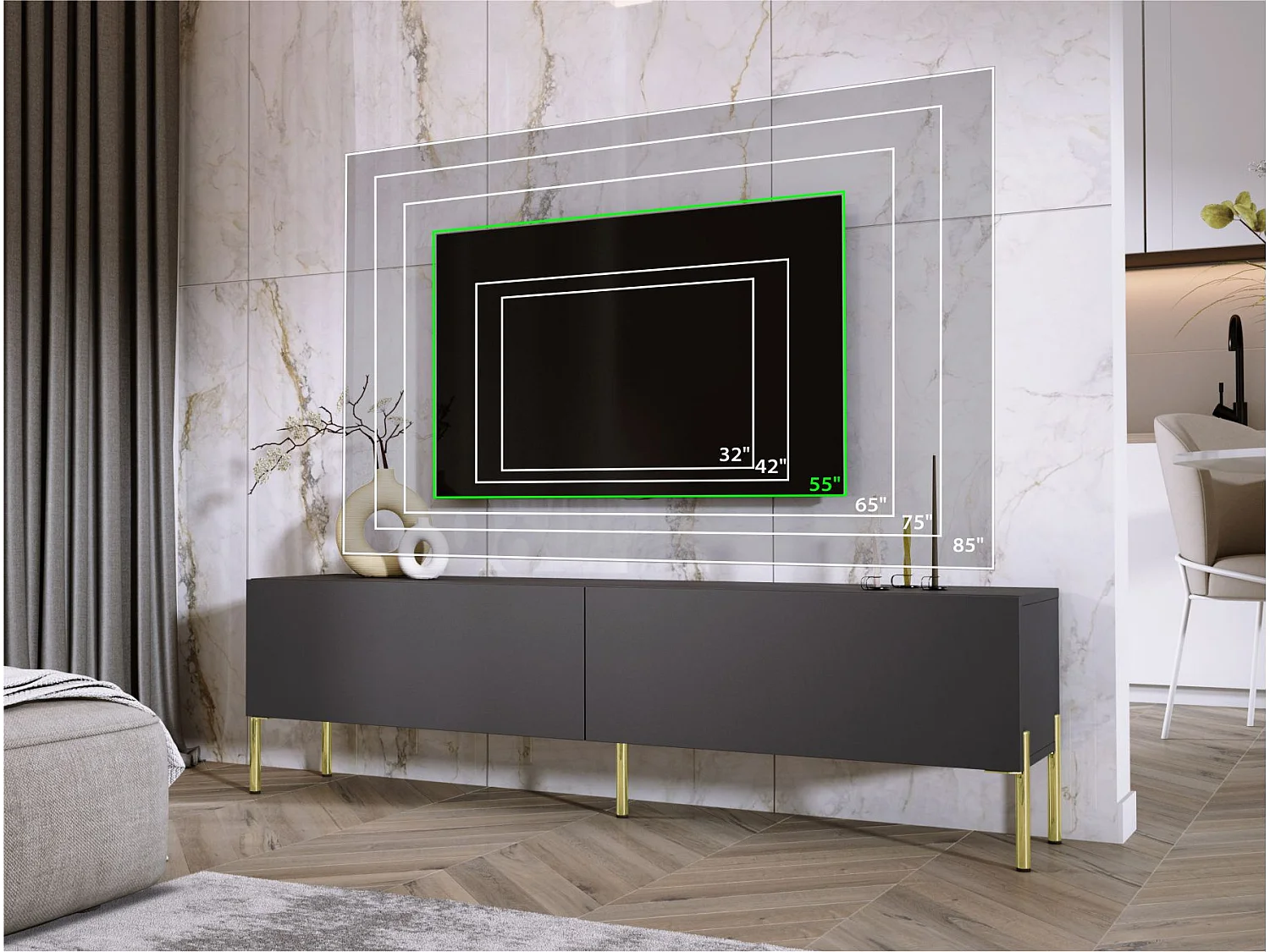 Meuble TV : Anthracite, pieds dorées, 170 x 52 x 32 cm