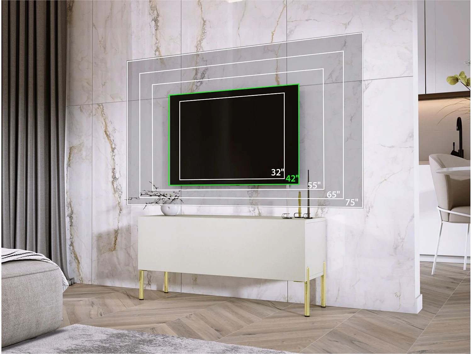 Meuble TV : Cachemire, pieds dorées, 100 x 52 x 32 cm