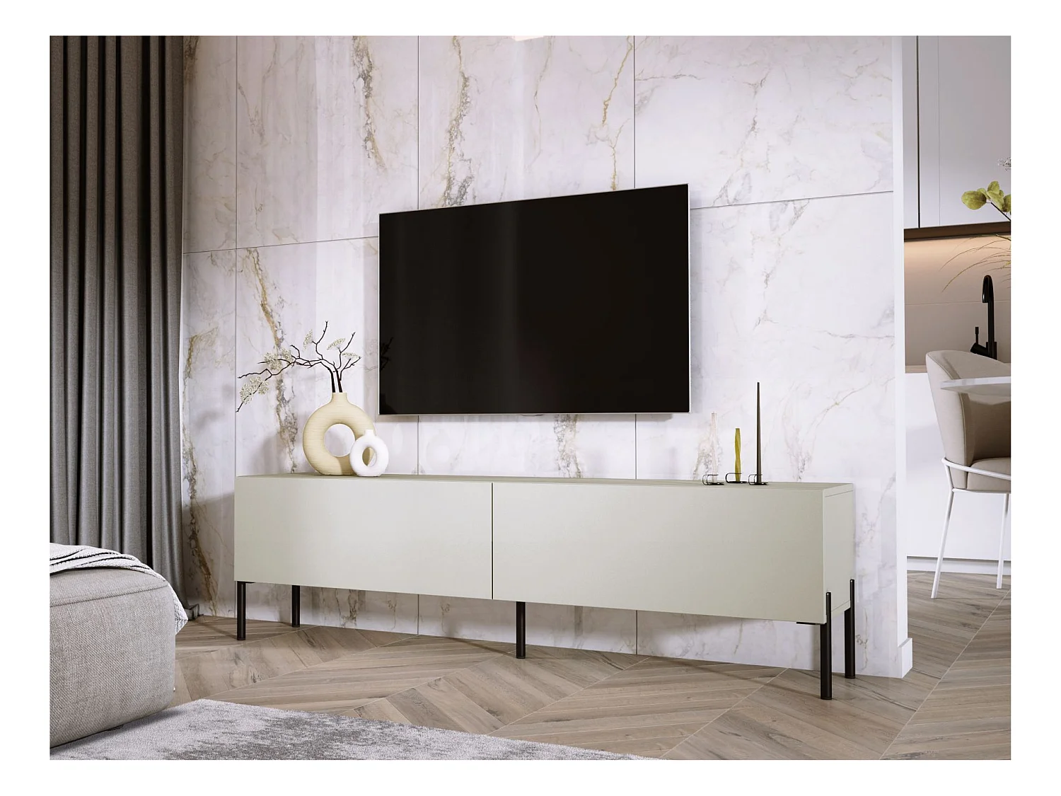 Meuble TV : Cachemire, pieds noires, 170 x 52 x 32 cm
