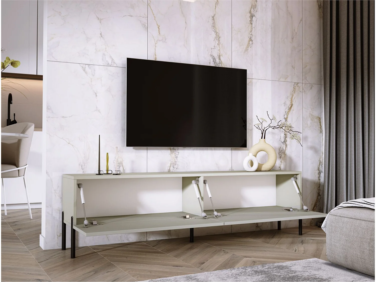 Meuble TV : Cachemire, pieds noires, 170 x 52 x 32 cm