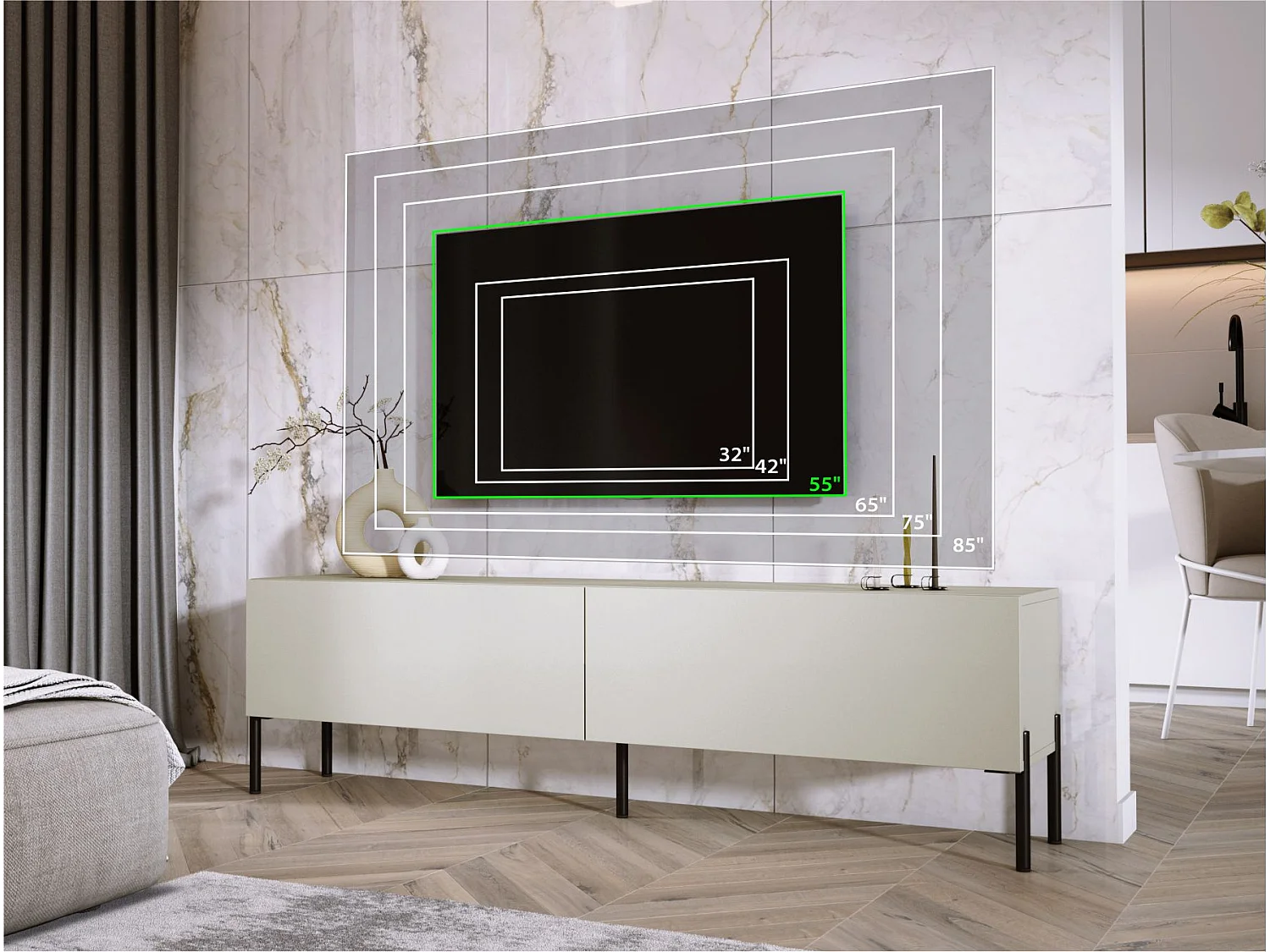 Meuble TV : Cachemire, pieds noires, 170 x 52 x 32 cm