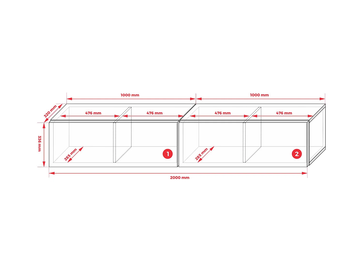 Zawieszana szafka pod telewizor, (2 x 100) x 34 x 32 cm, biały mat