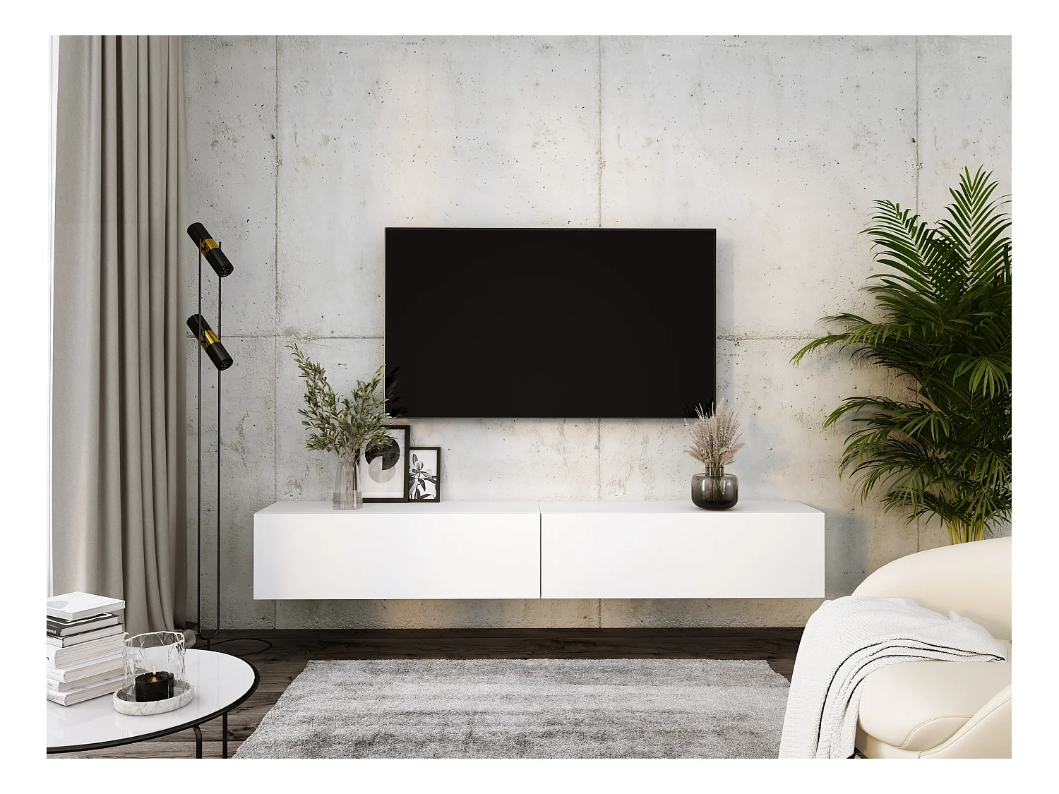 Meuble TV Suspendu, (2 x 100) x 34 x 32 cm, Blanc Mat