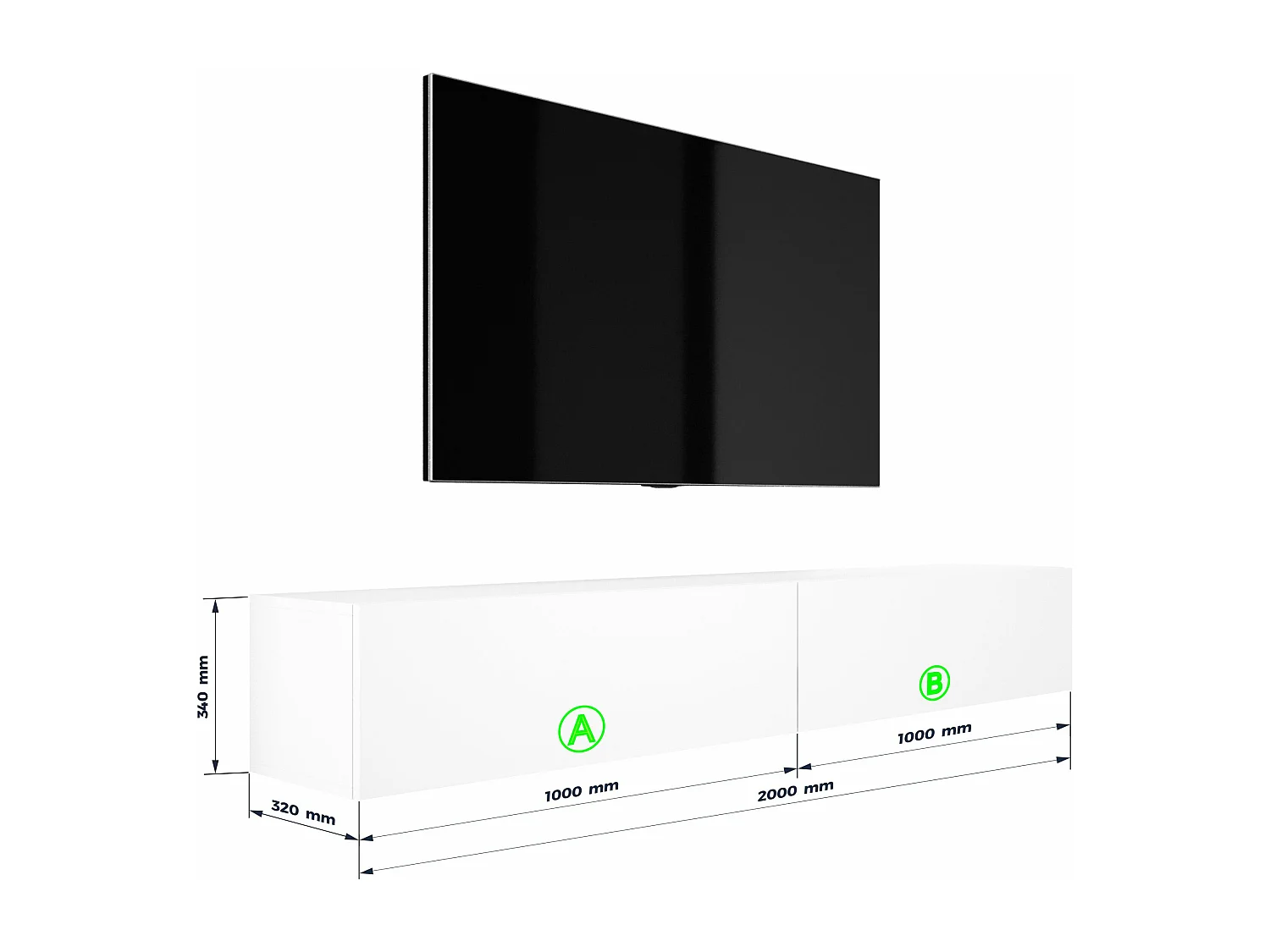 Móvel de TV suspenso, (2 x 100) x 34 x 32 cm, branco mate