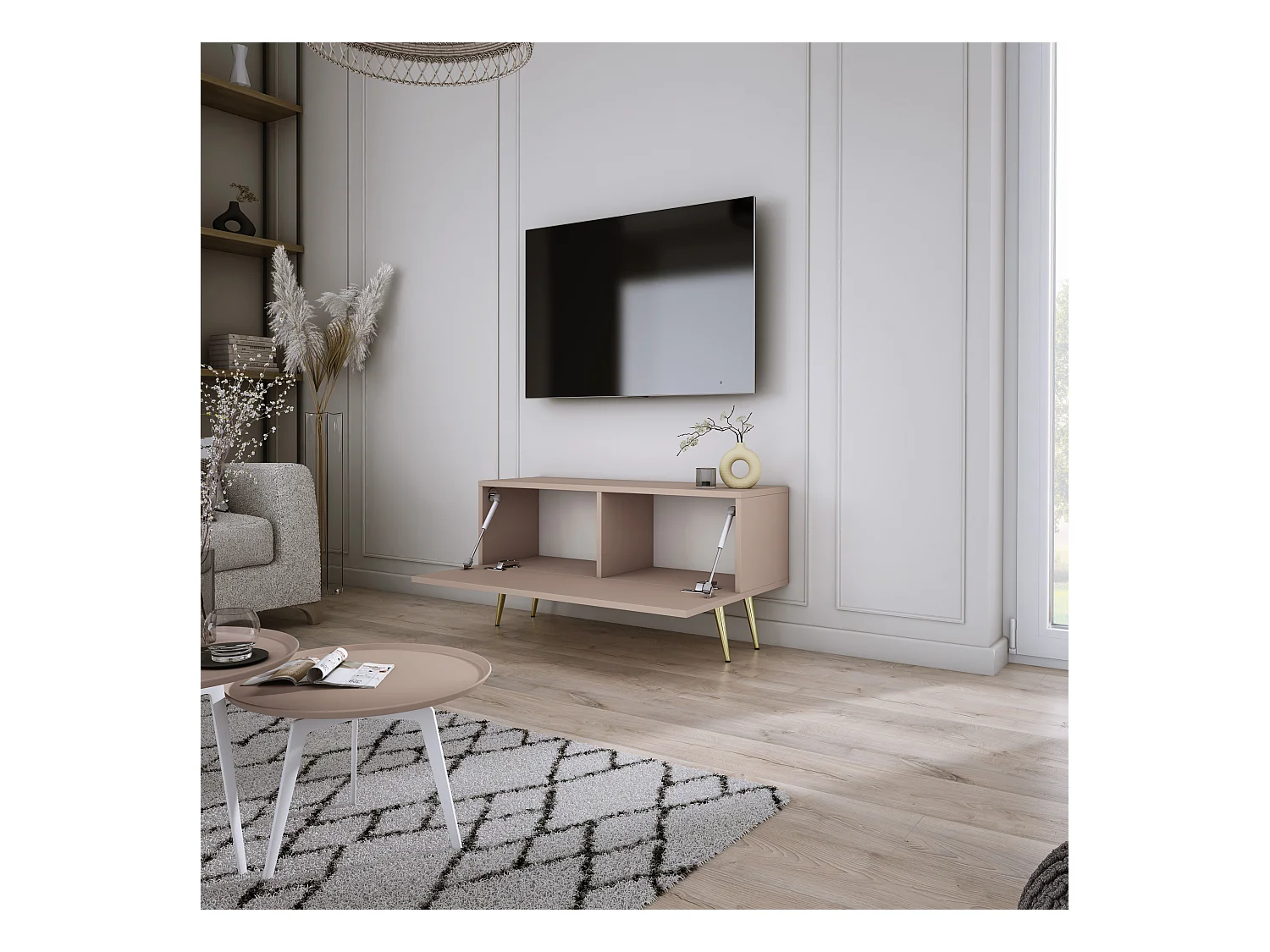 Meuble TV : Brun Caramel, 100 x 52 x 32 cm, pieds dorées