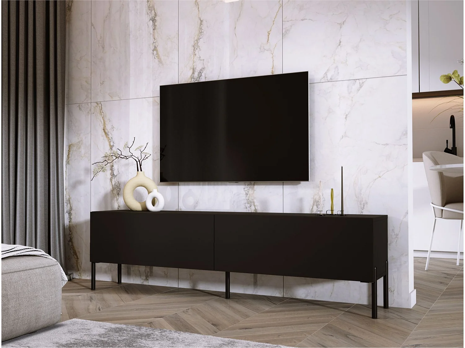 Meuble TV : Noir Mat / Noir Brillant, pieds noires, 170 x 52 x 32 cm