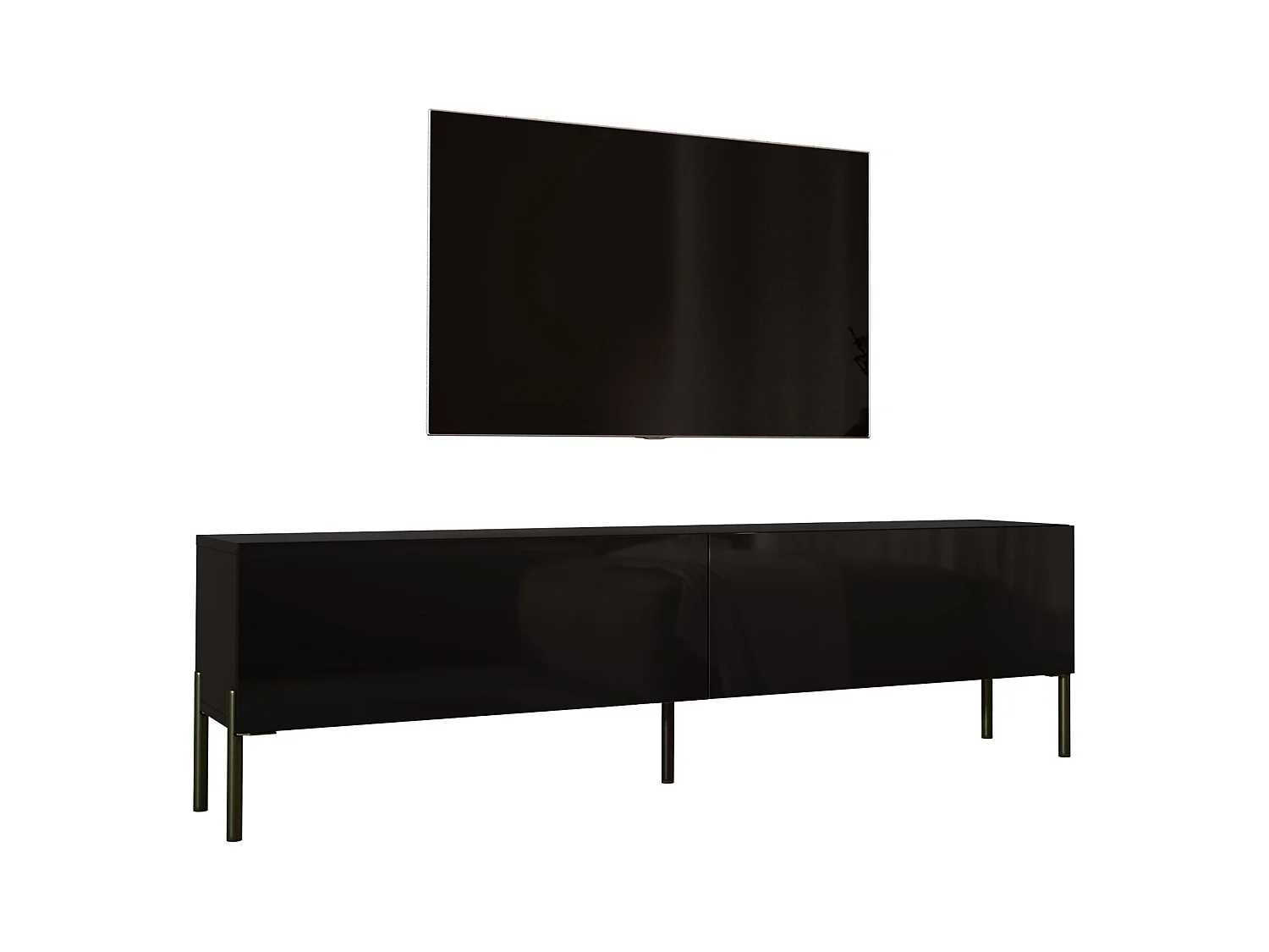 Meuble TV : Noir Mat / Noir Brillant, pieds noires, 170 x 52 x 32 cm