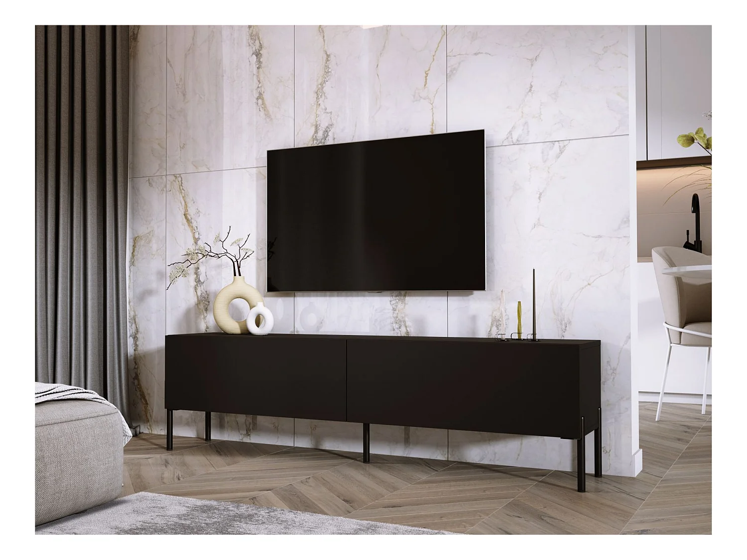 Meuble TV : Noir Mat / Noir Brillant, pieds noires, 170 x 52 x 32 cm