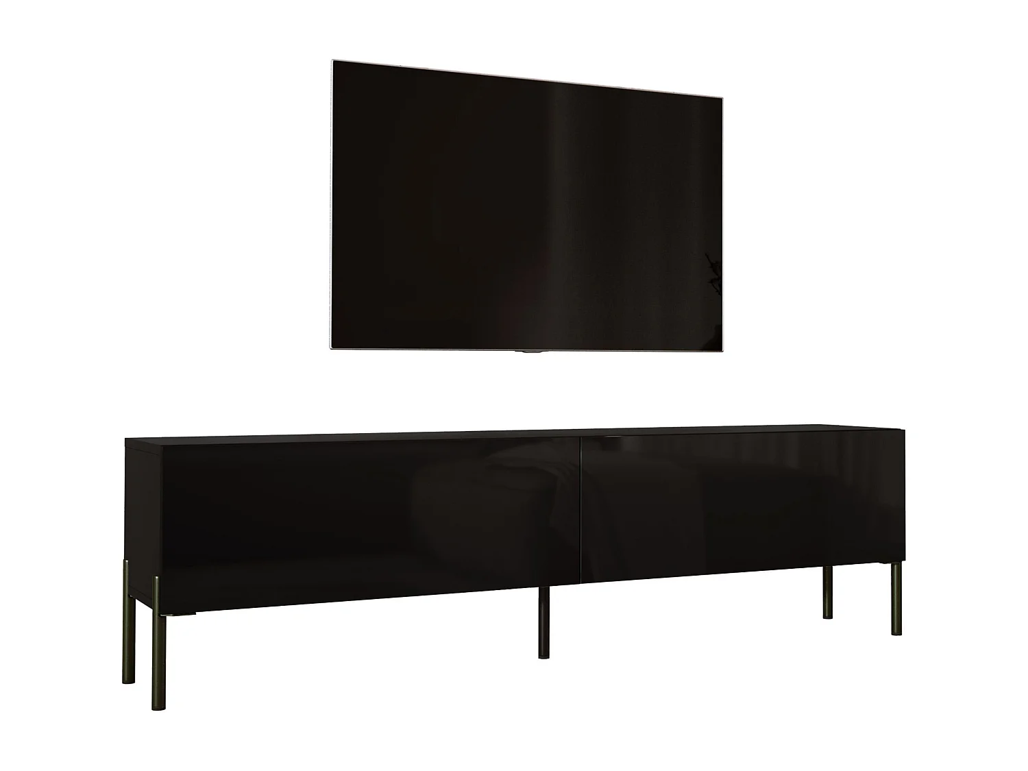 Meuble TV : Noir Mat / Noir Brillant, pieds noires, 170 x 52 x 32 cm