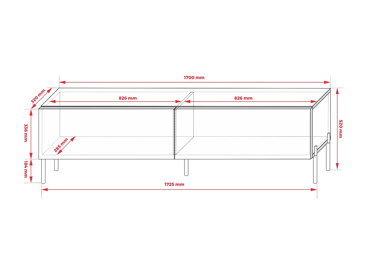 Meuble TV : Noir Mat / Noir Brillant, pieds noires, 170 x 52 x 32 cm