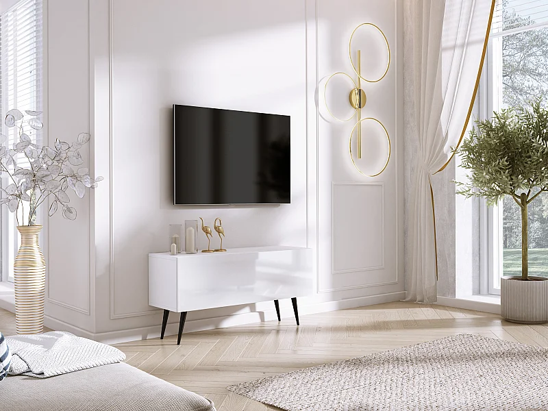 TV-Schrank, Mattweiß / Hochglanzweiß, schwarze Beine, 100 x 52 x 32 cm