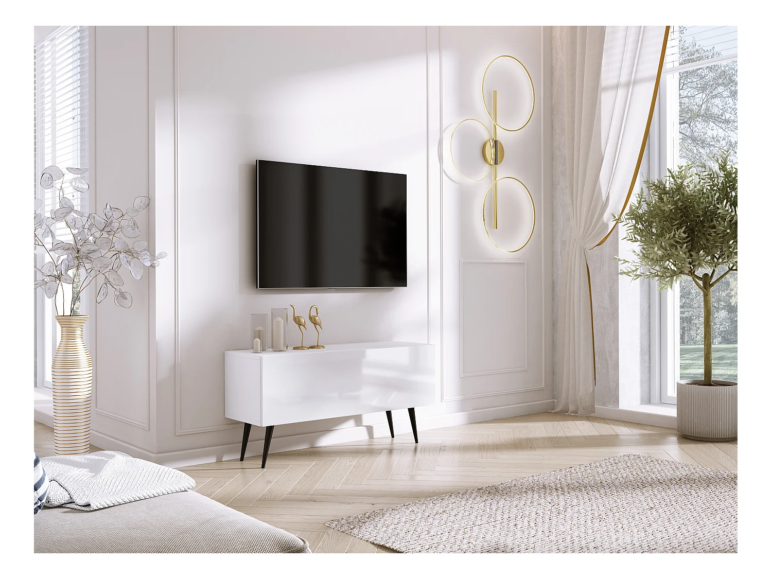 Meuble TV, Blanc Mat / Blanc Brillant, pieds noires, 100 x 52 x 32 cm