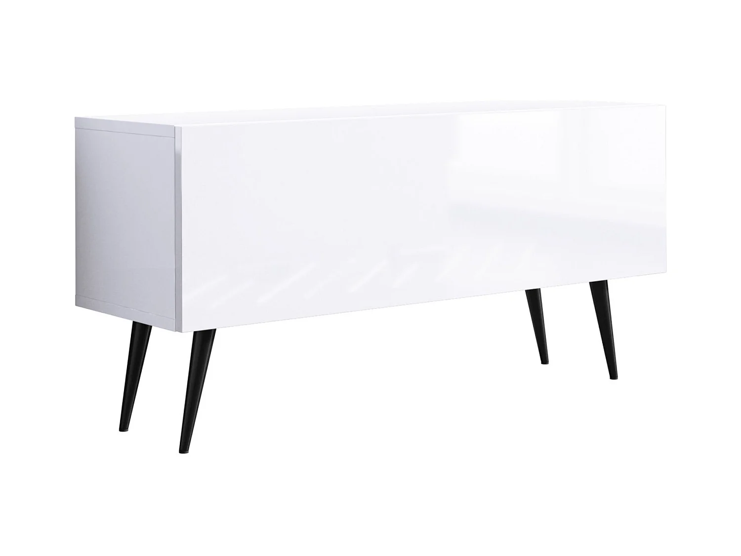 Meuble TV, Blanc Mat / Blanc Brillant, pieds noires, 100 x 52 x 32 cm