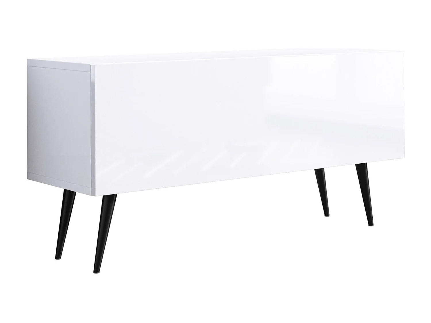 Meuble TV, Blanc Mat / Blanc Brillant, pieds noires, 100 x 52 x 32 cm