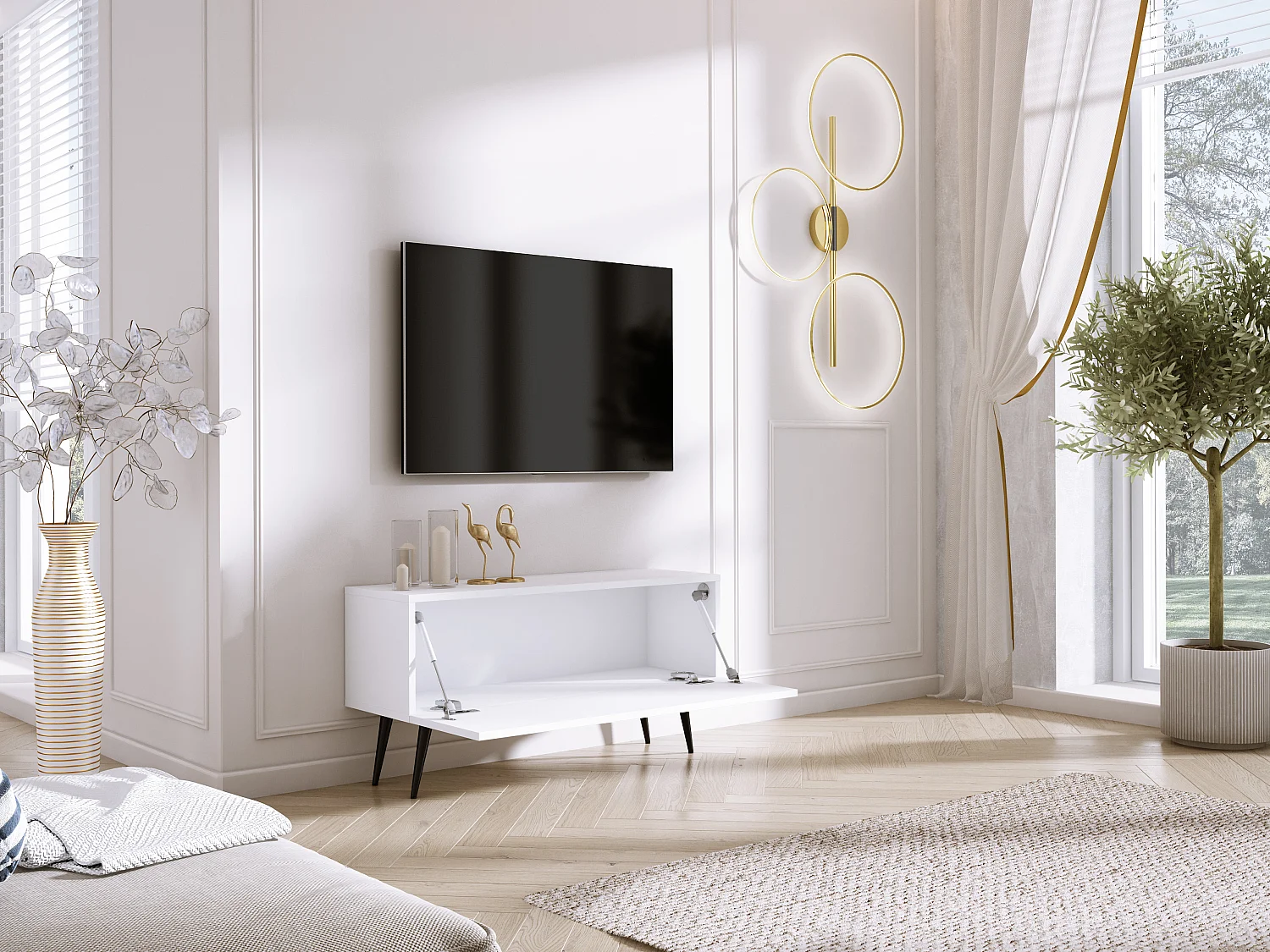 Meuble TV, Blanc Mat / Blanc Brillant, pieds noires, 100 x 52 x 32 cm