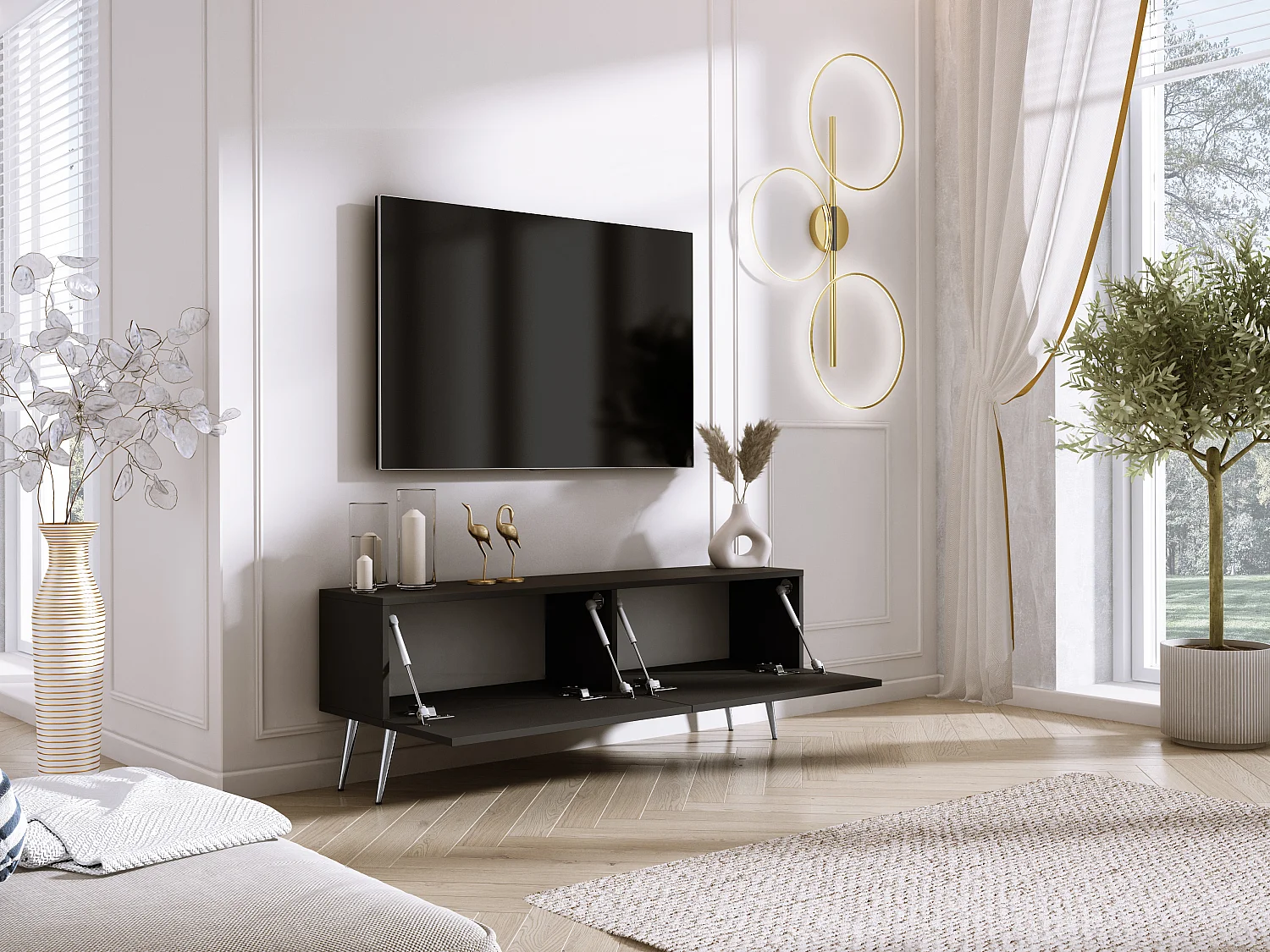 TV-Schrank: Mattschwarz, Chrombeine, 140 x 52 x 32 cm