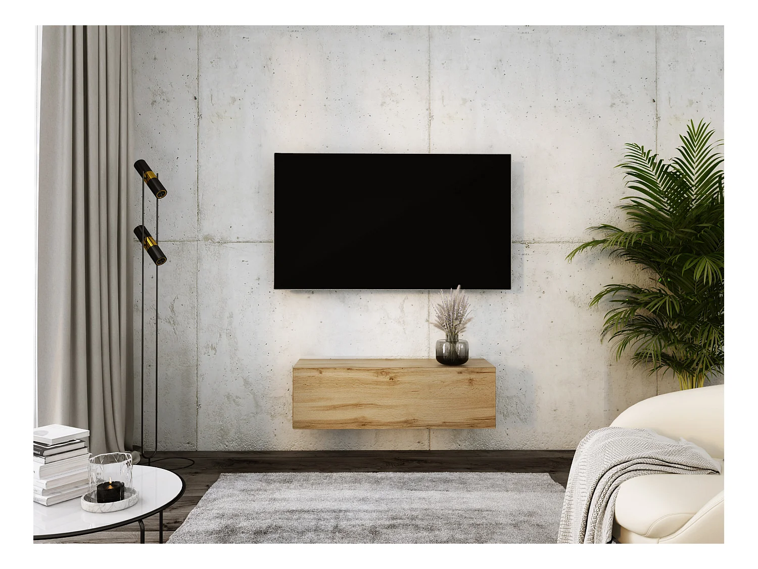 Meuble TV Suspendu, 100 x 34 x 32 cm, Chêne Wotan