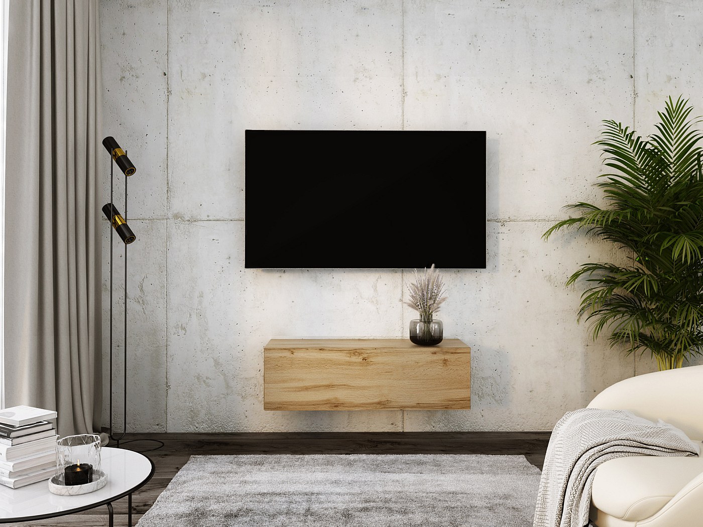 Mobile TV Sospeso 120 cm 2 Ante E Vano A Giorno Omega Bianco E Rovere