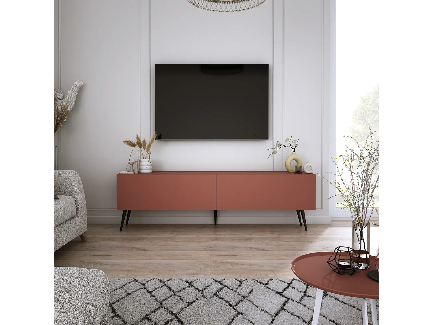 Meuble TV : Rouge Brique, 140 x 52 x 32 cm, pieds noires