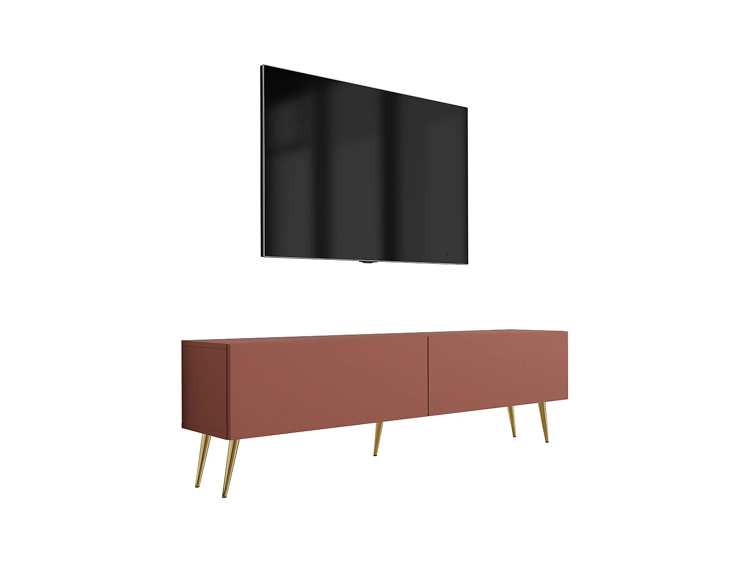 Mueble TV: Rojo ladrillo, 140 x 52 x 32 cm, patas doradas