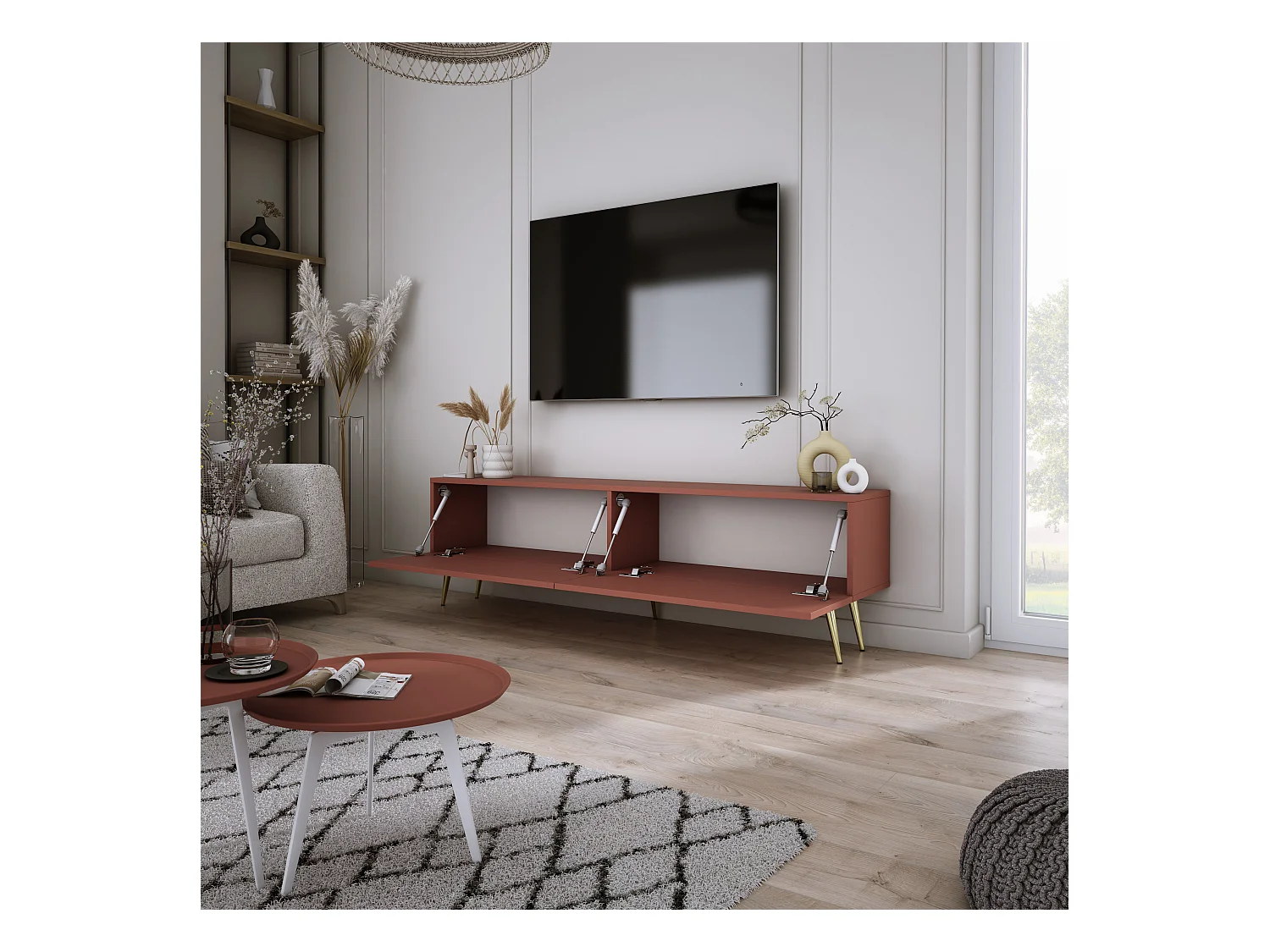 Mueble TV: Rojo ladrillo, 140 x 52 x 32 cm, patas doradas