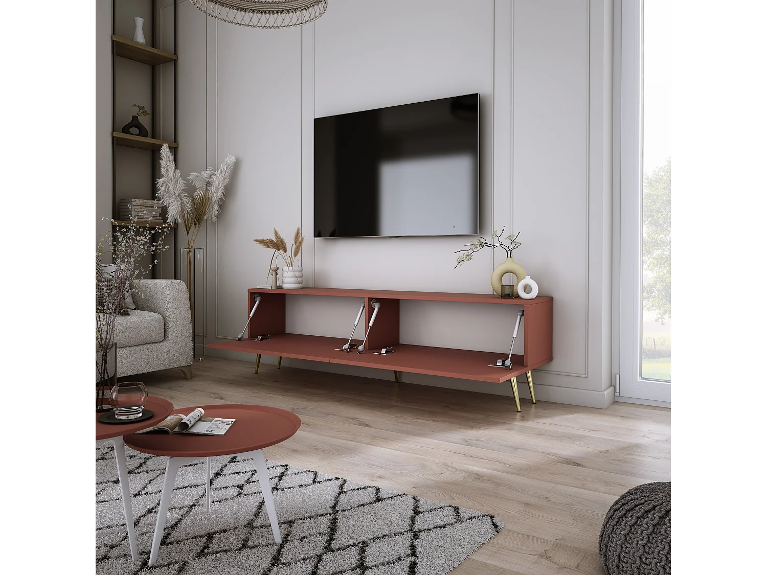 Meuble TV : Rouge Brique, 140 x 52 x 32 cm, pieds dorées