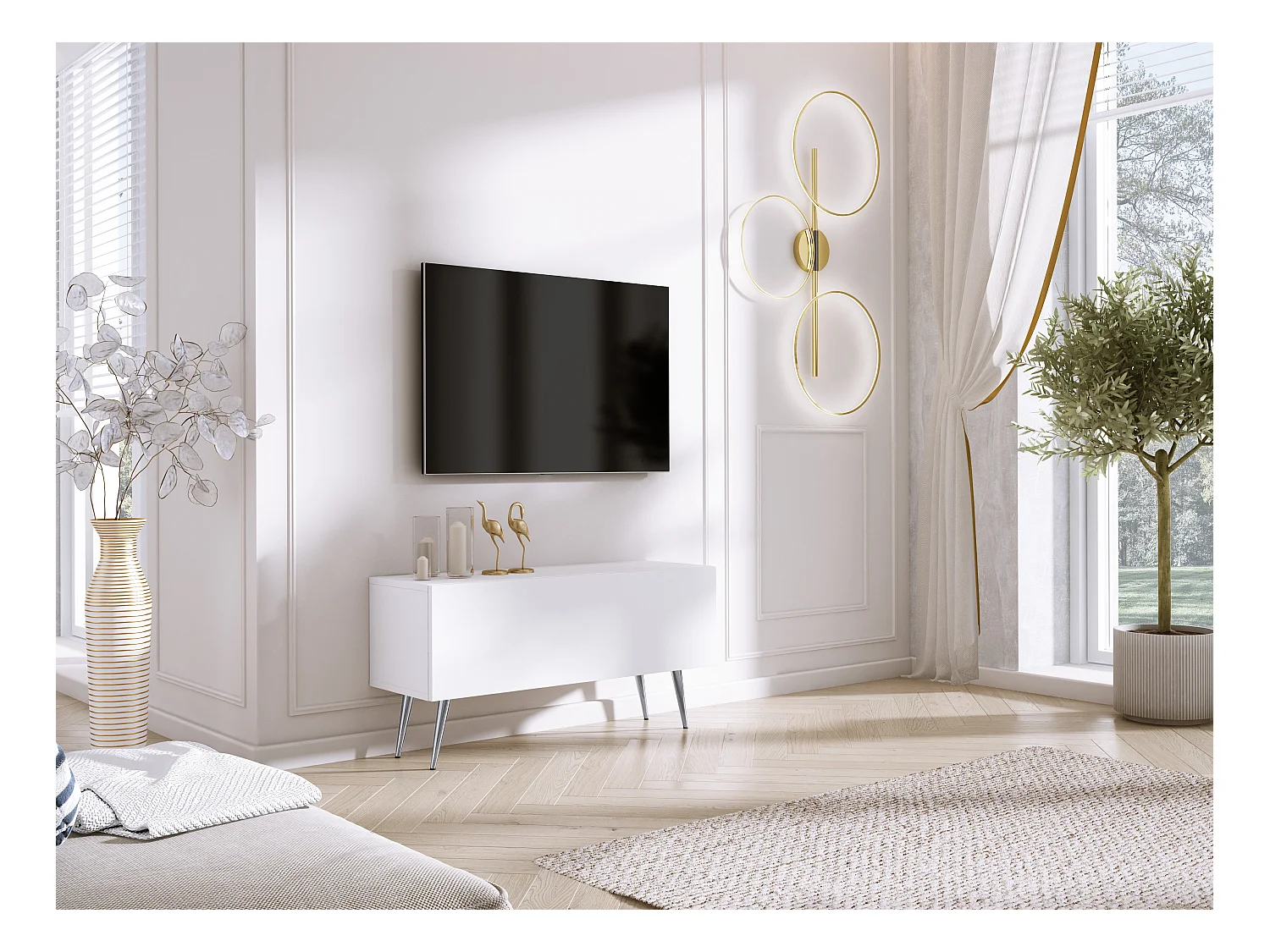 Meuble TV, Blanc Mat, pieds Chrome, 100 x 52 x 32 cm