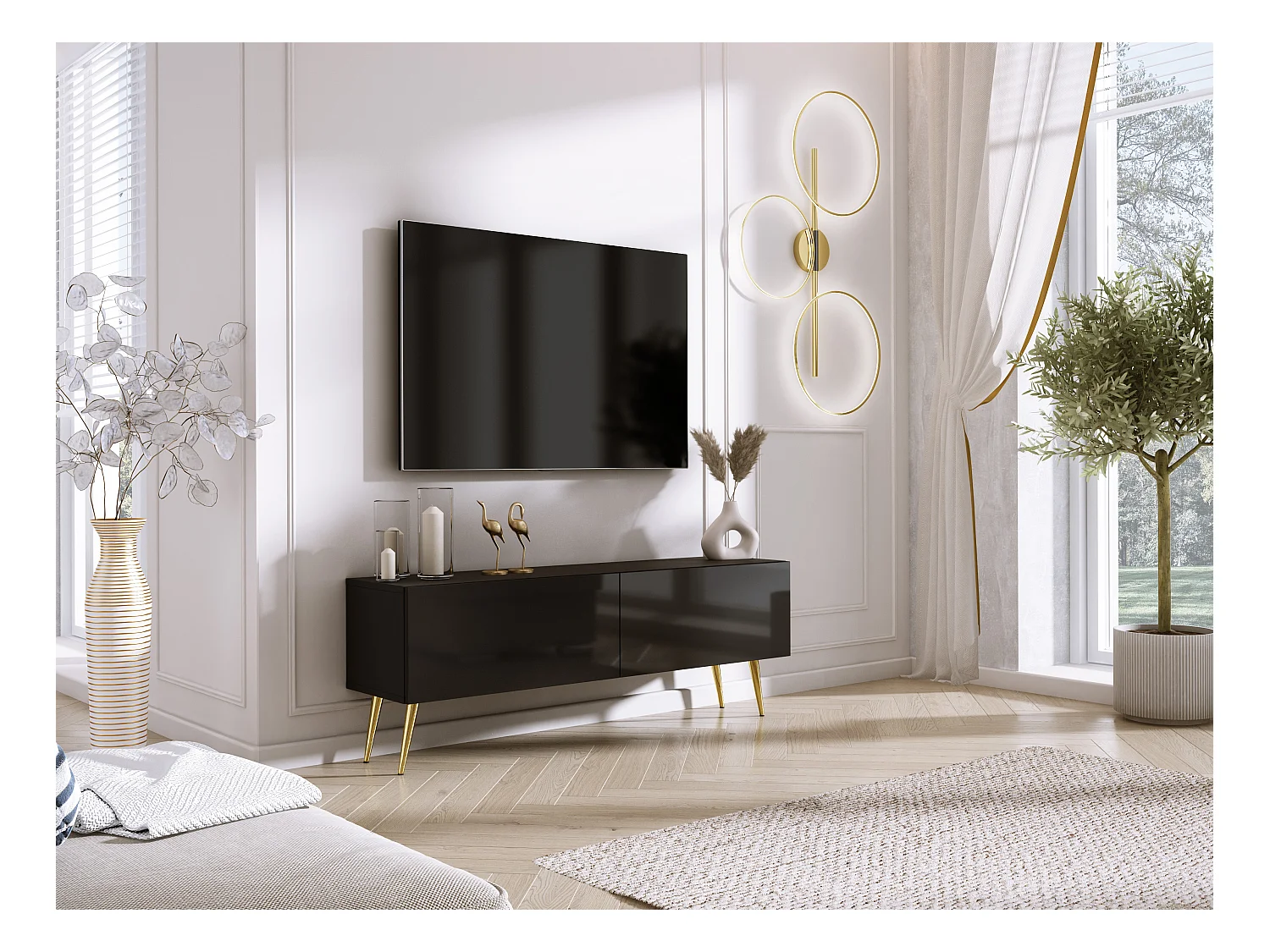 Mueble TV: Negro mate/Negro brillante, patas doradas, 140 x 52 x 32 cm