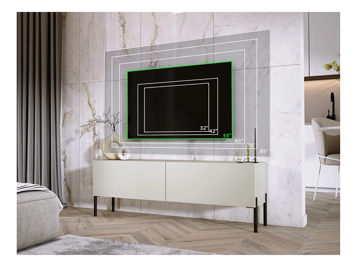 Mueble TV: Cashmere, patas negras, 140 x 52 x 32 cm
