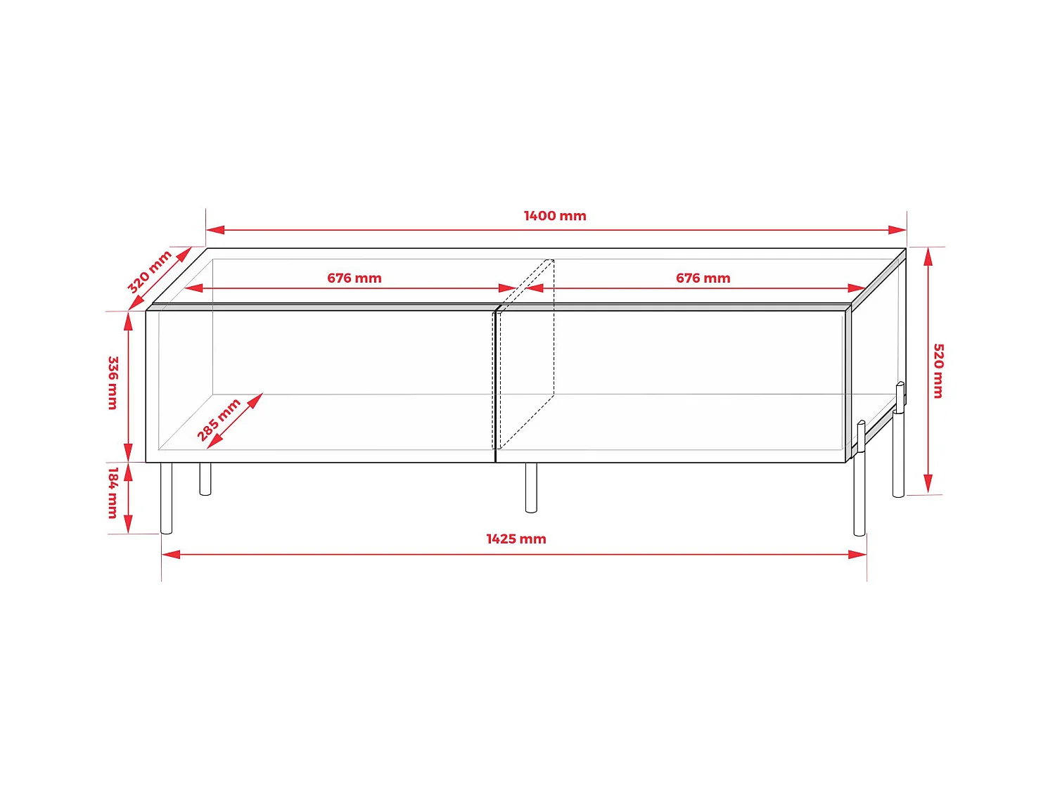 Mueble TV: Cashmere, patas negras, 140 x 52 x 32 cm