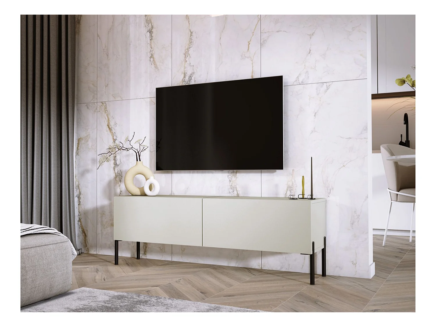Meuble TV : Cachemire, pieds noires, 140 x 52 x 32 cm