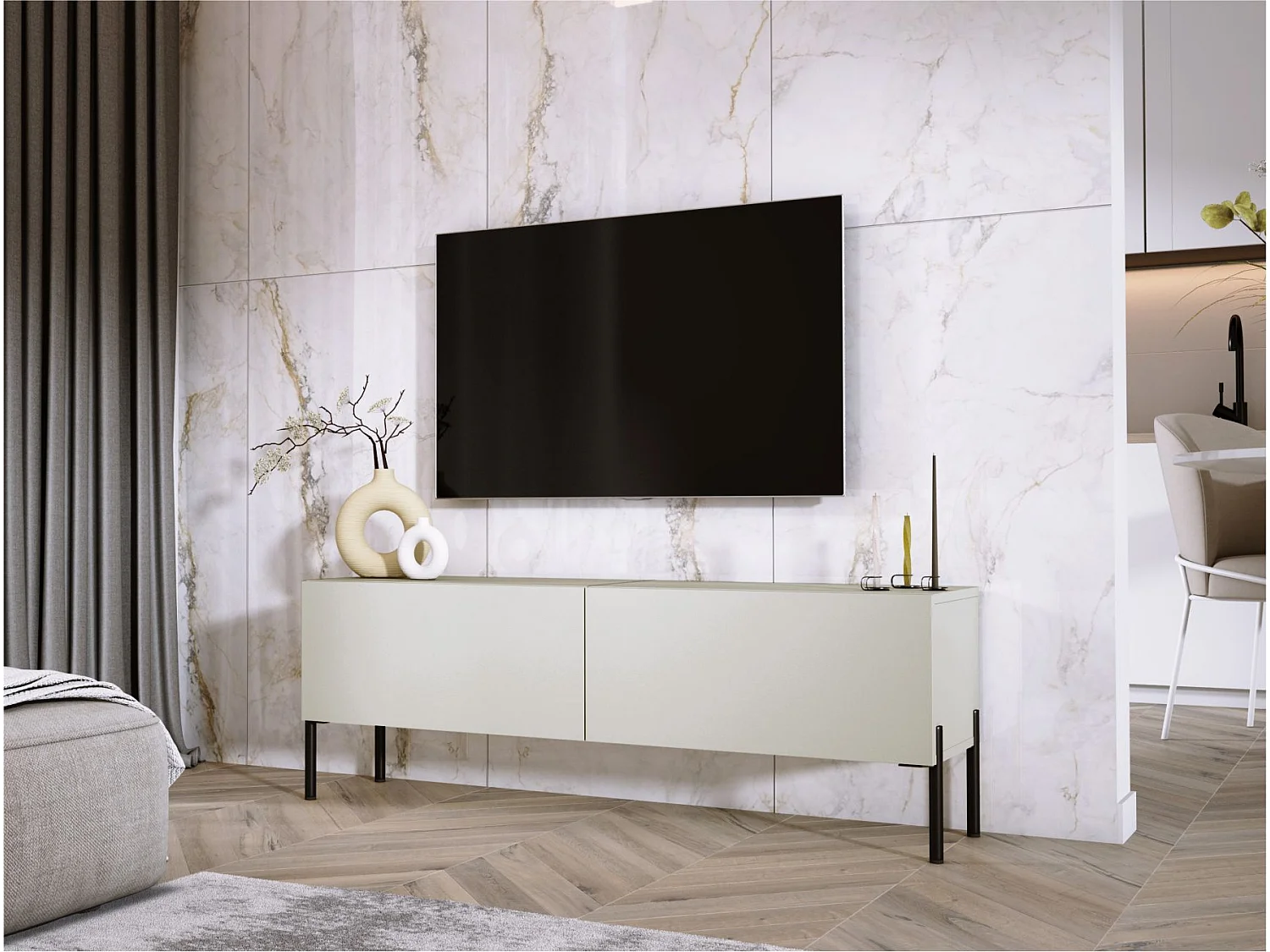 TV-Schrank: Kaschmir, schwarze Beine, 140 x 52 x 32 cm