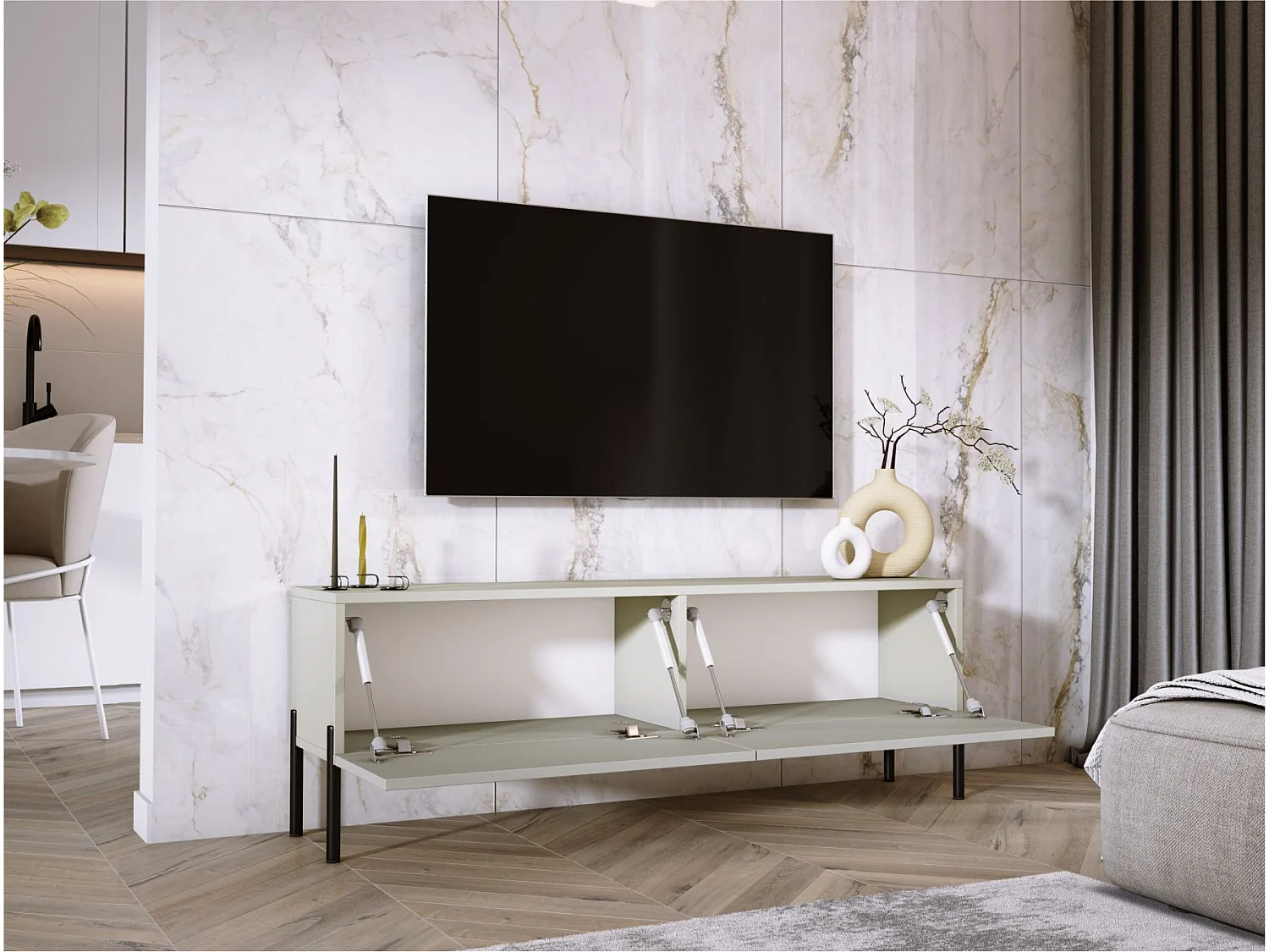 TV-Schrank: Kaschmir, schwarze Beine, 140 x 52 x 32 cm