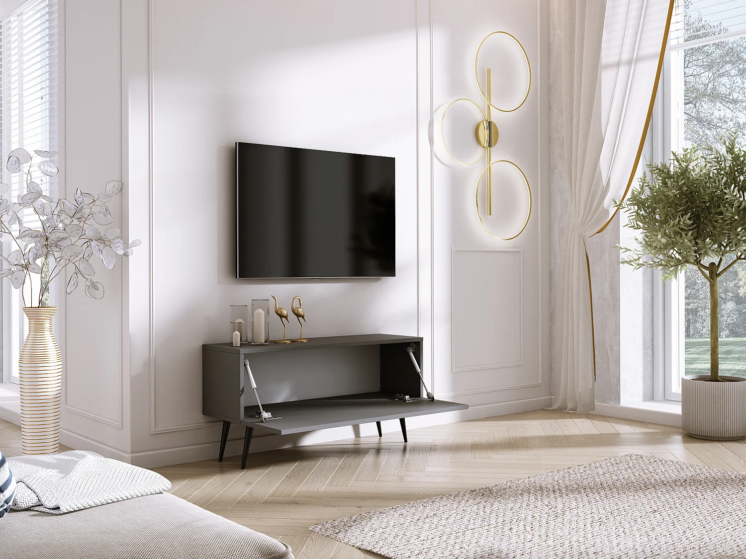 Meuble TV Anthracite, pieds noires, 100 x 52 x 32 cm