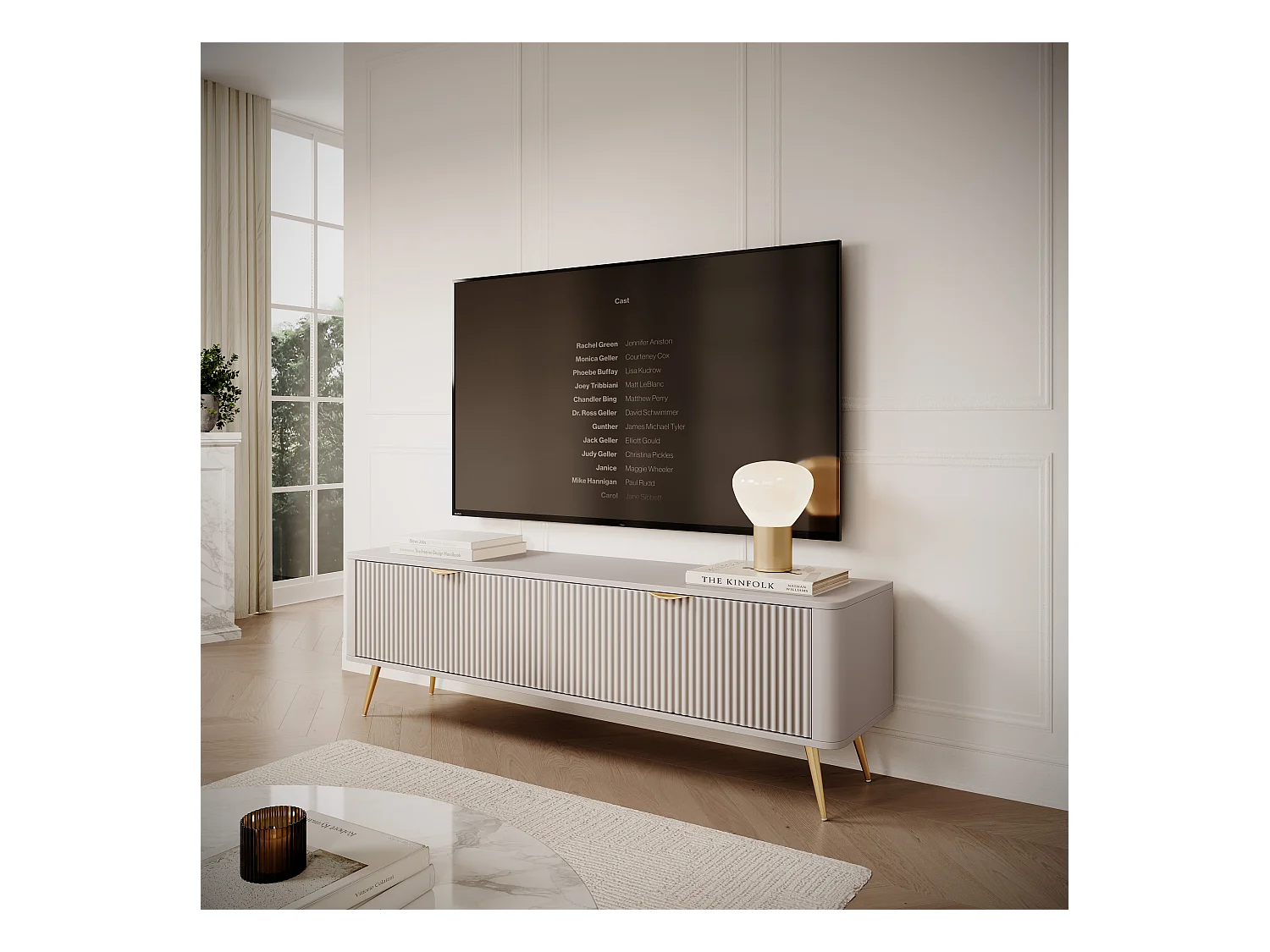 Meuble TV : 2 portes, meuble : Cachemire, pieds dorés, 163,2 x 51,2 x 38cm