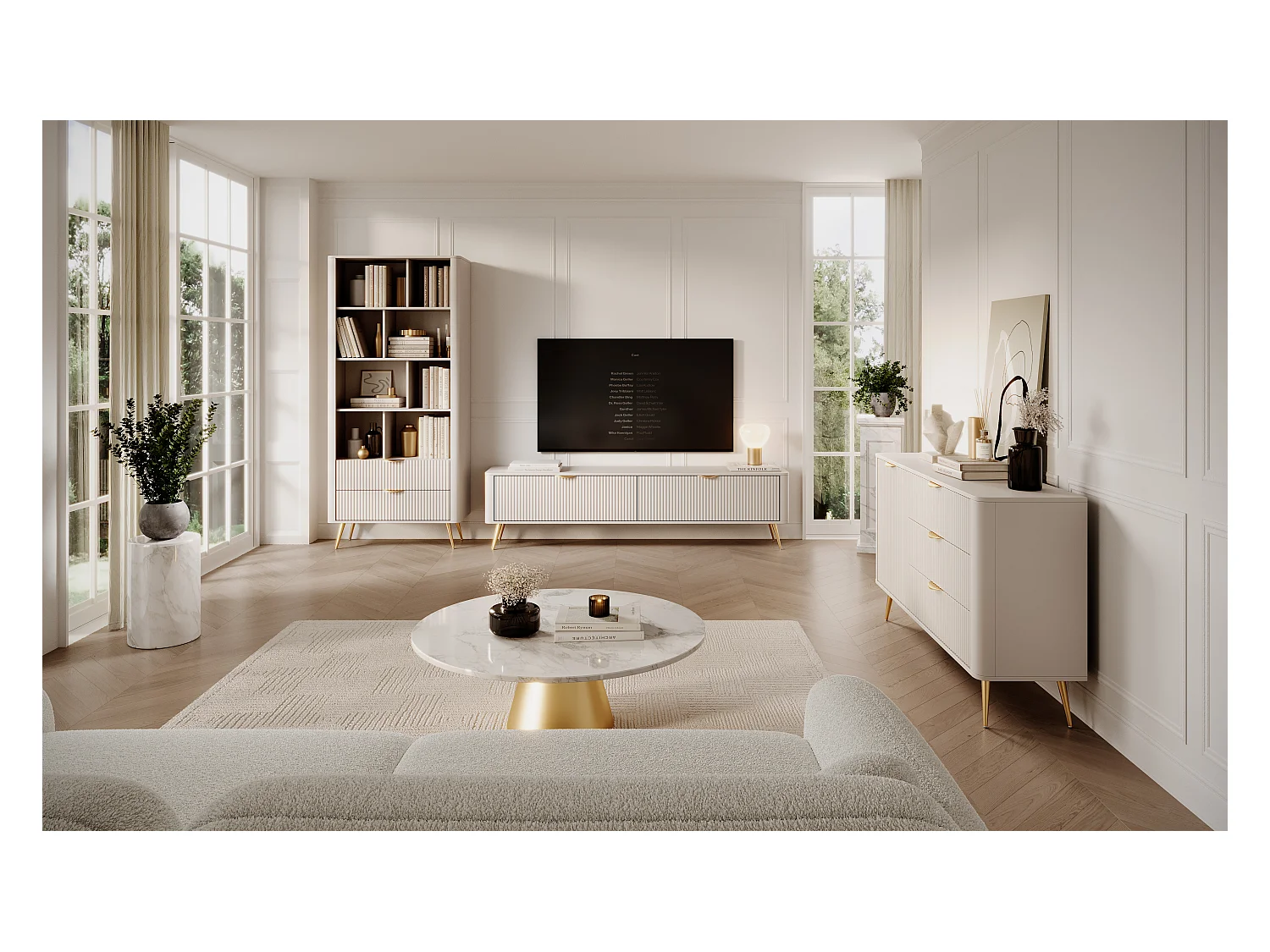 Meuble TV : 2 portes, meuble : Cachemire, pieds dorés, 163,2 x 51,2 x 38cm