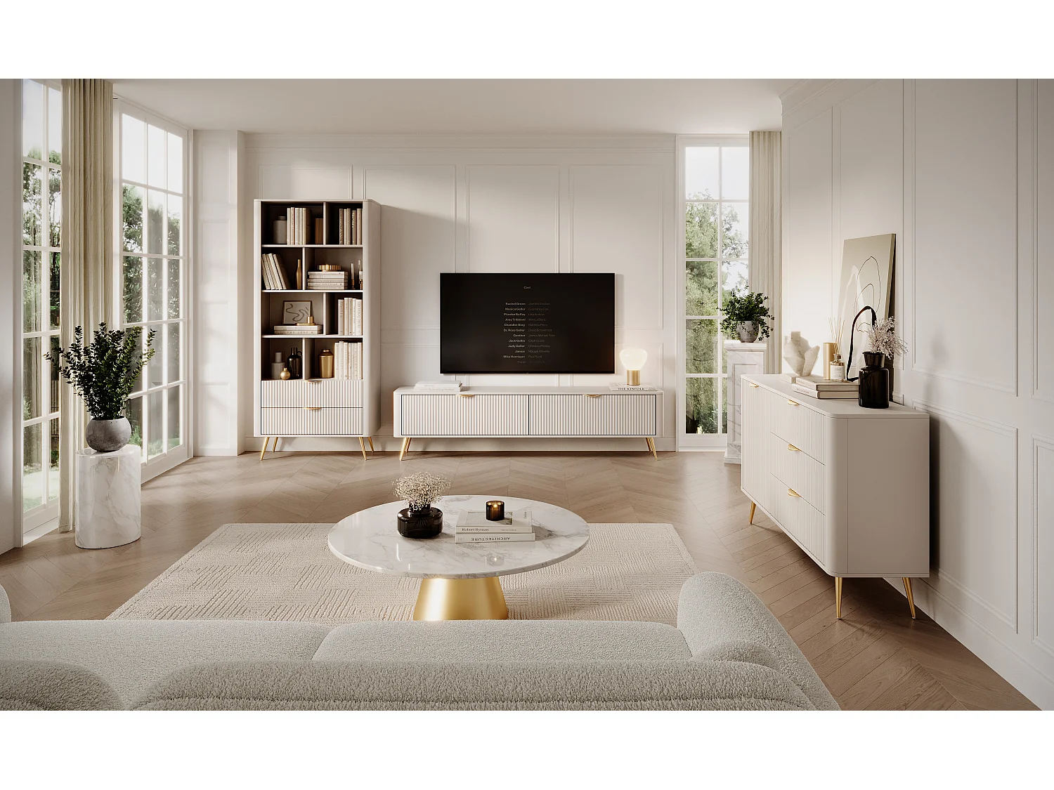 Meuble TV : 2 portes, meuble : Cachemire, pieds dorés, 163,2 x 51,2 x 38cm