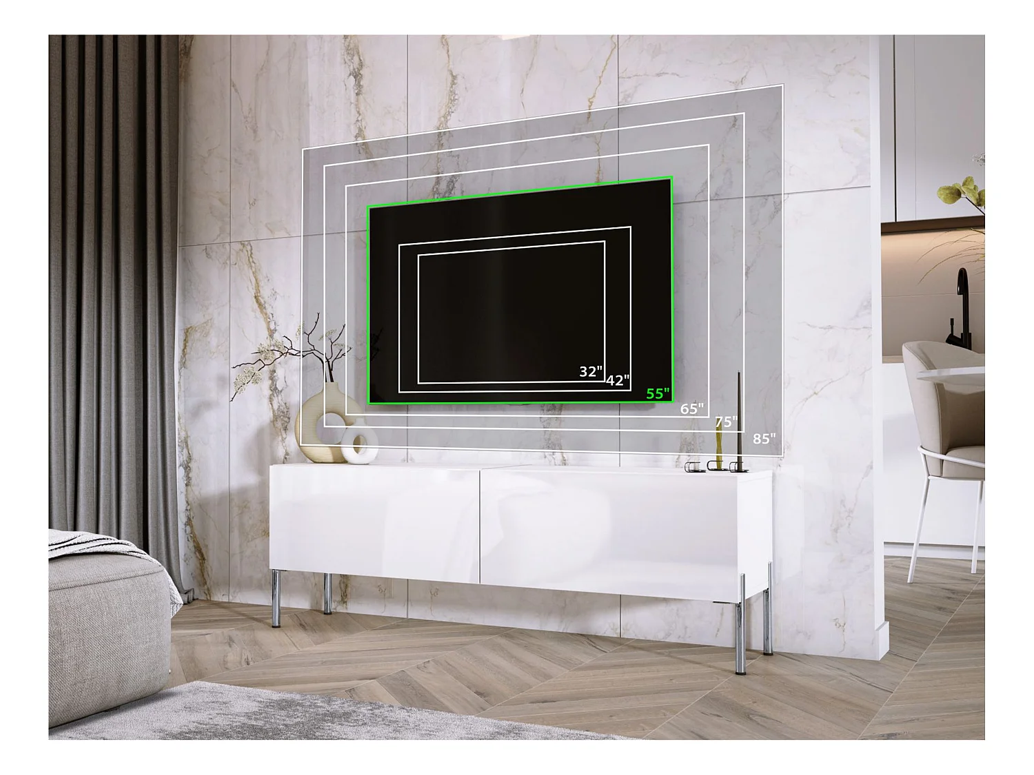 TV-Schrank: Mattweiß, Chrombeine, 140 x 52 x 32 cm