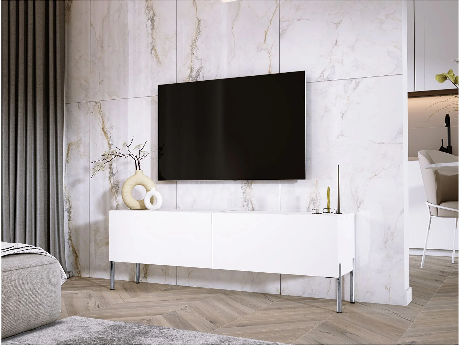 Meuble TV : Blanc Mat, pieds Chrome, 140 x 52 x 32 cm