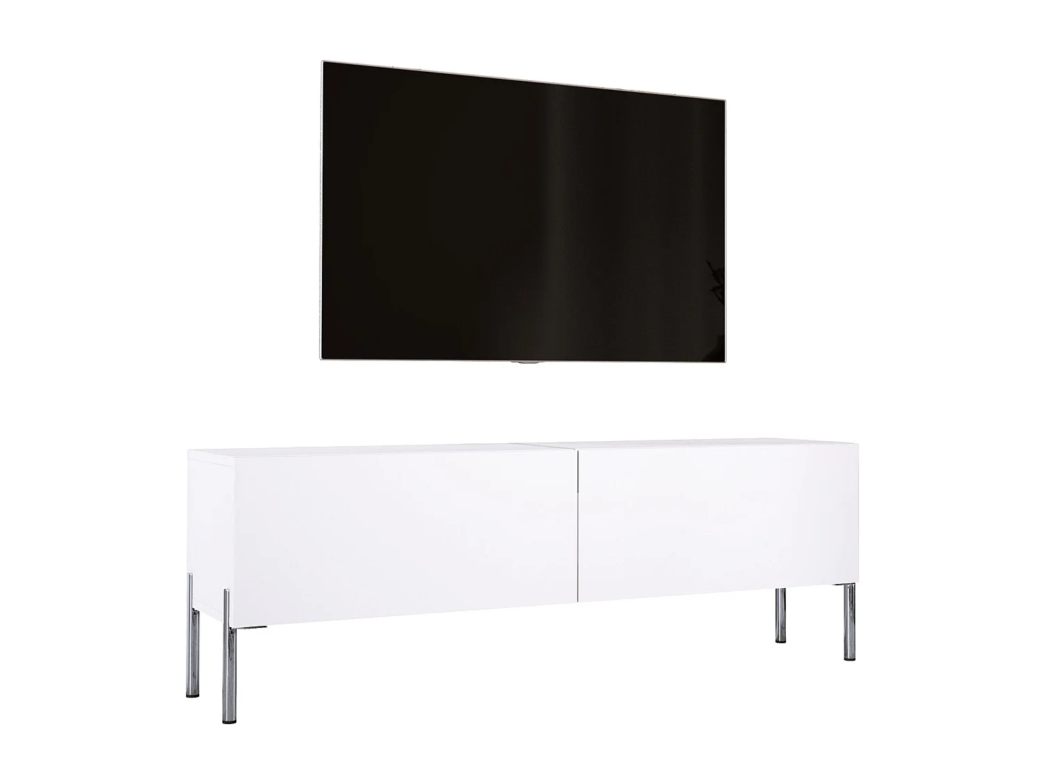 Meuble TV : Blanc Mat, pieds Chrome, 140 x 52 x 32 cm