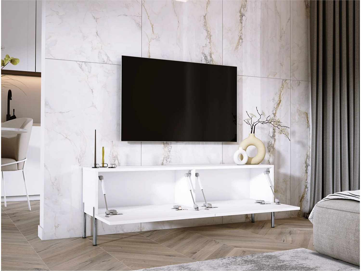 Meuble TV : Blanc Mat, pieds Chrome, 140 x 52 x 32 cm