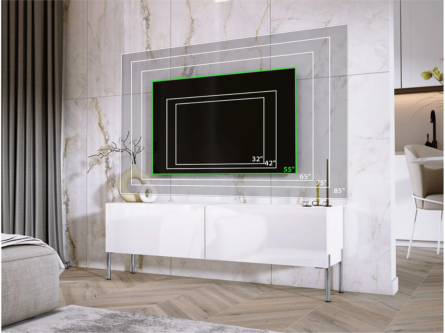 Meuble TV : Blanc Mat, pieds Chrome, 140 x 52 x 32 cm