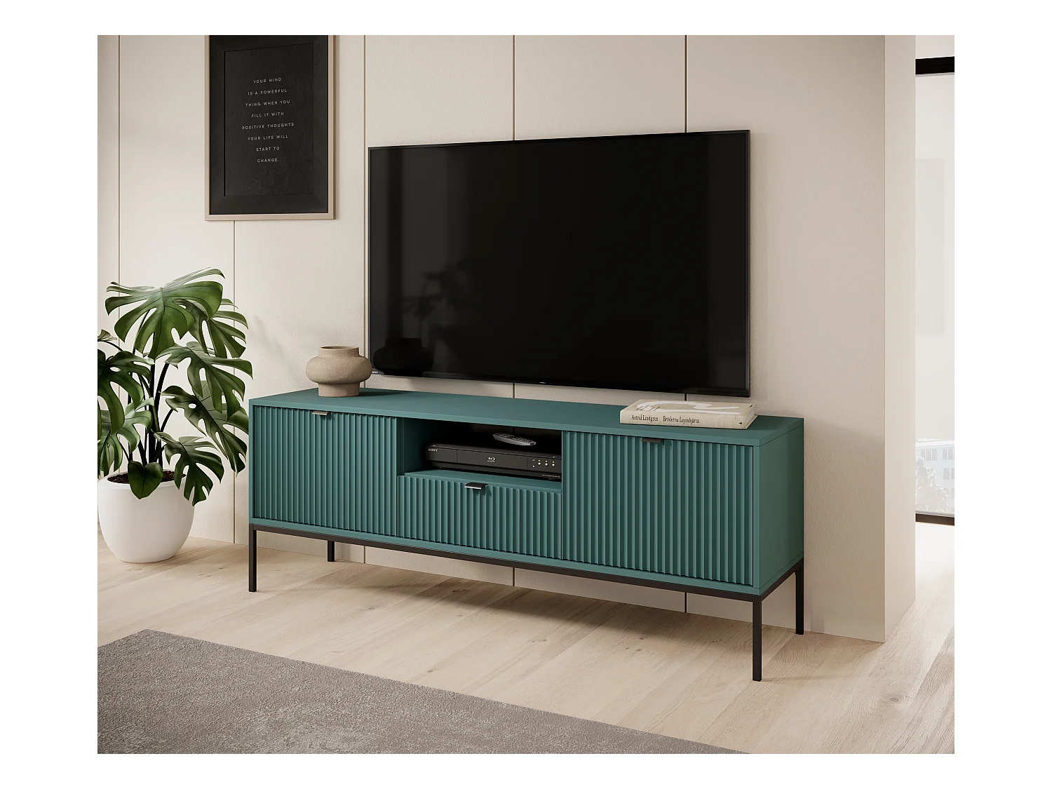 Meuble TV : 1 tiroir, 2 portes, labrador, Noir, 154 x 56 x 39 cm, poignées Noires